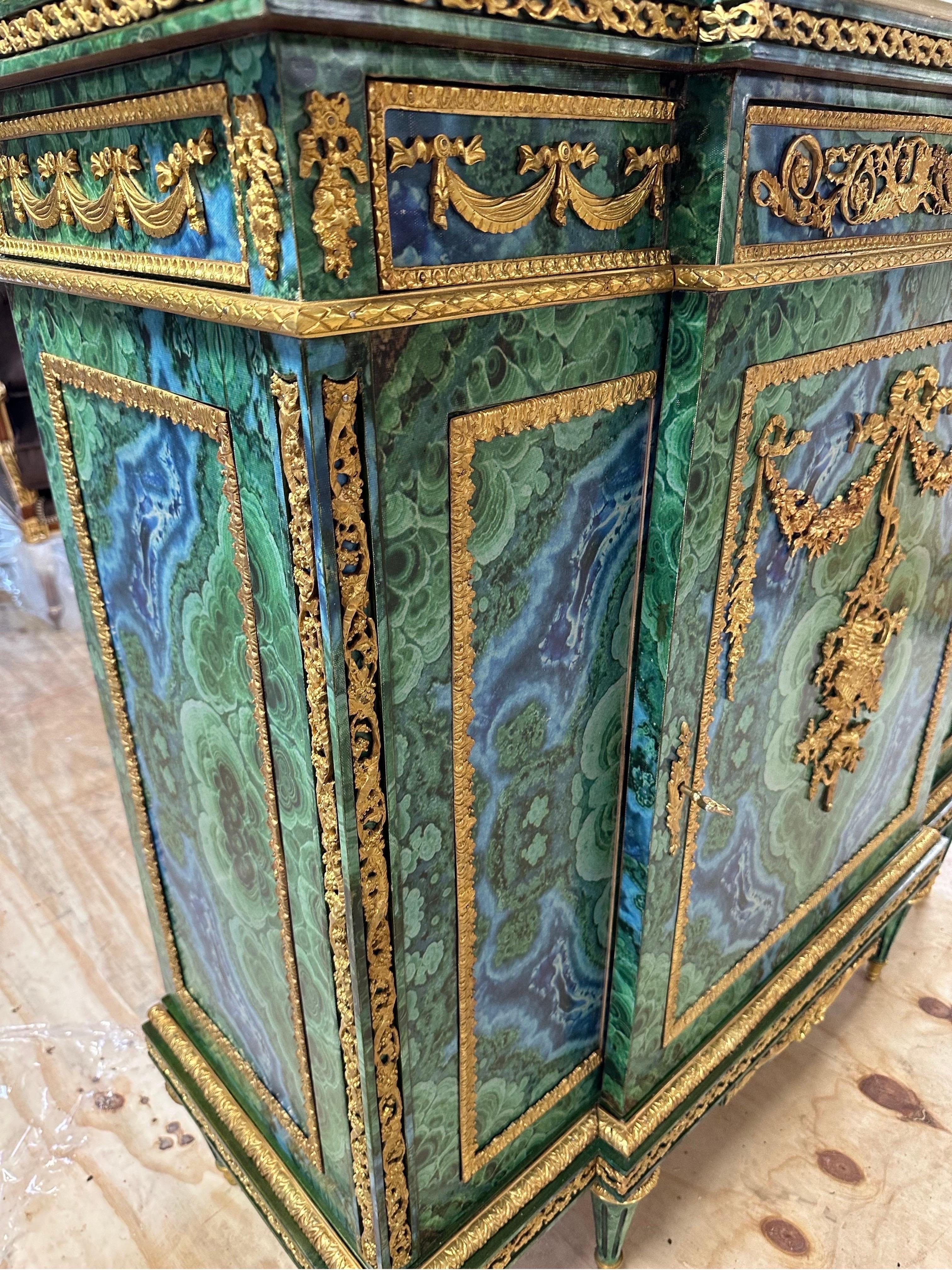 Bronze French napoleon, bronze ormolu mounted pier cabinet, malachite style For Sale