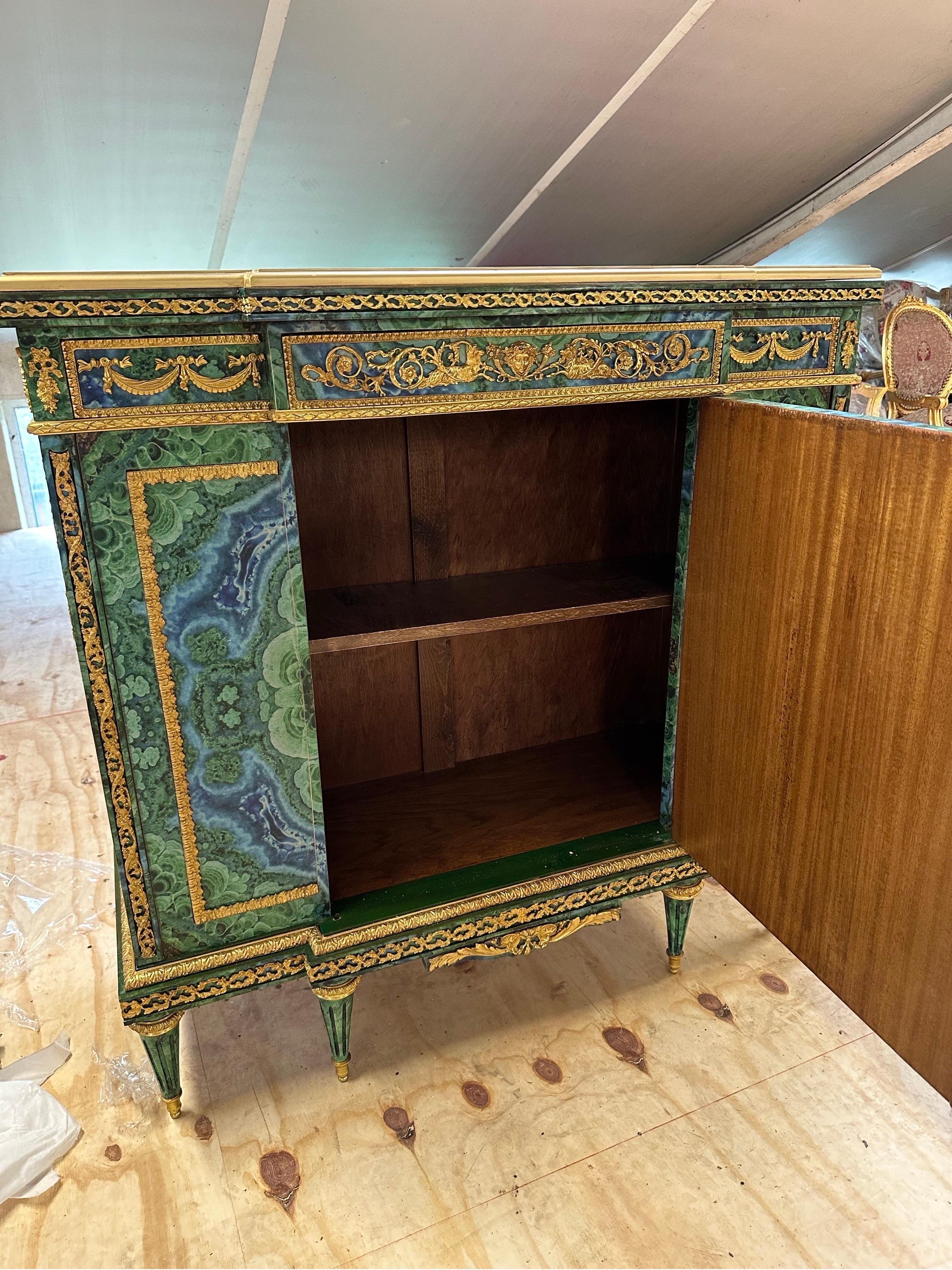 French napoleon, bronze ormolu mounted pier cabinet, malachite style For Sale 1