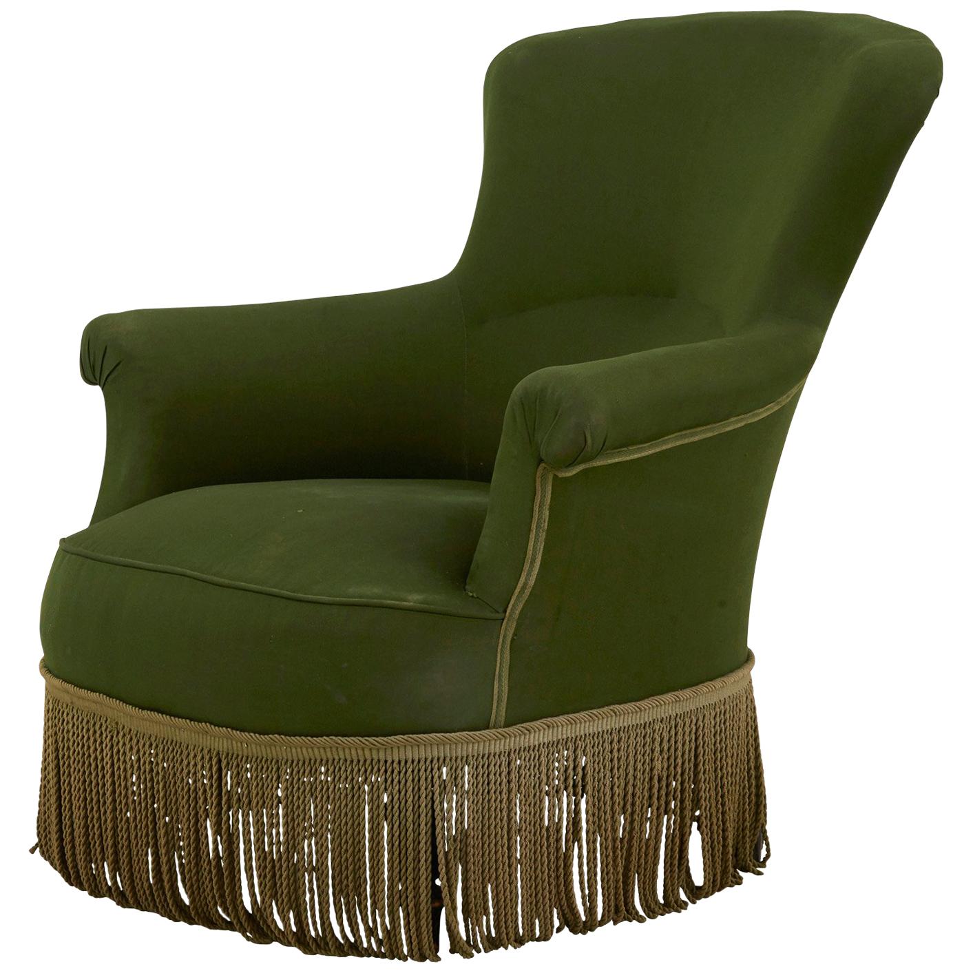French Napoleon Green Armchair with Bullion Fringe