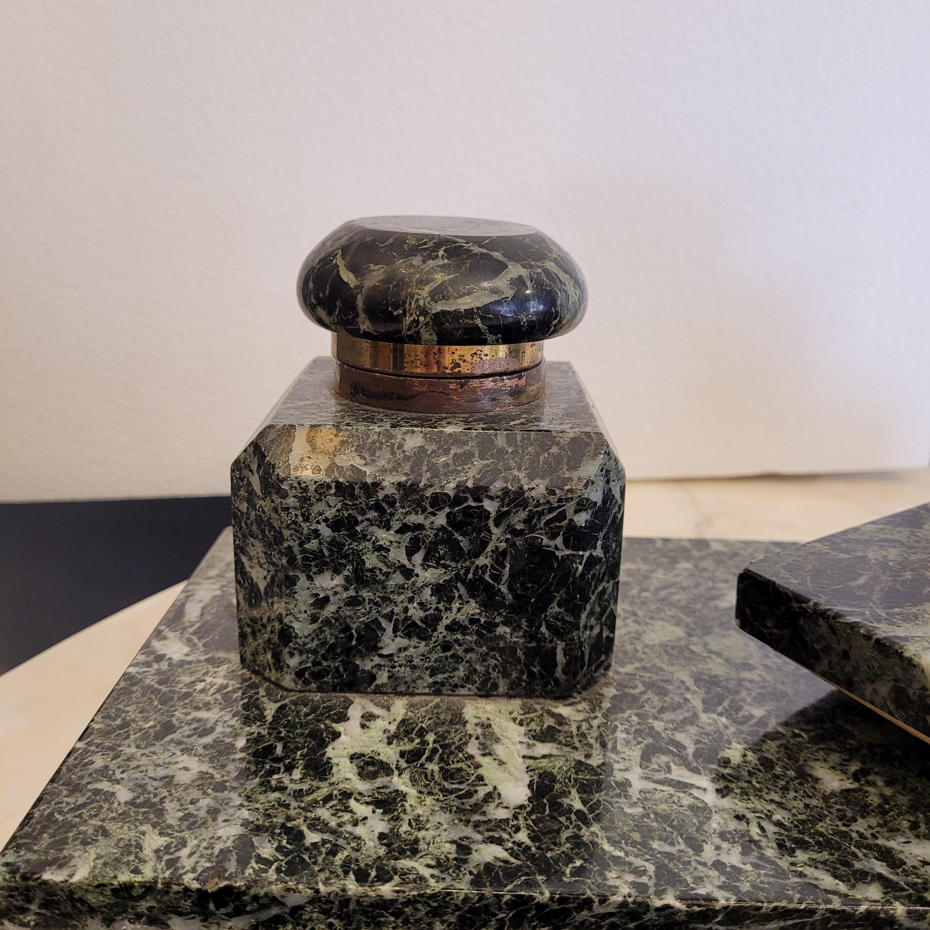French Napoleon Green  Marble Office Inkwell With Feather wipe  Sponge Holder For Sale 3