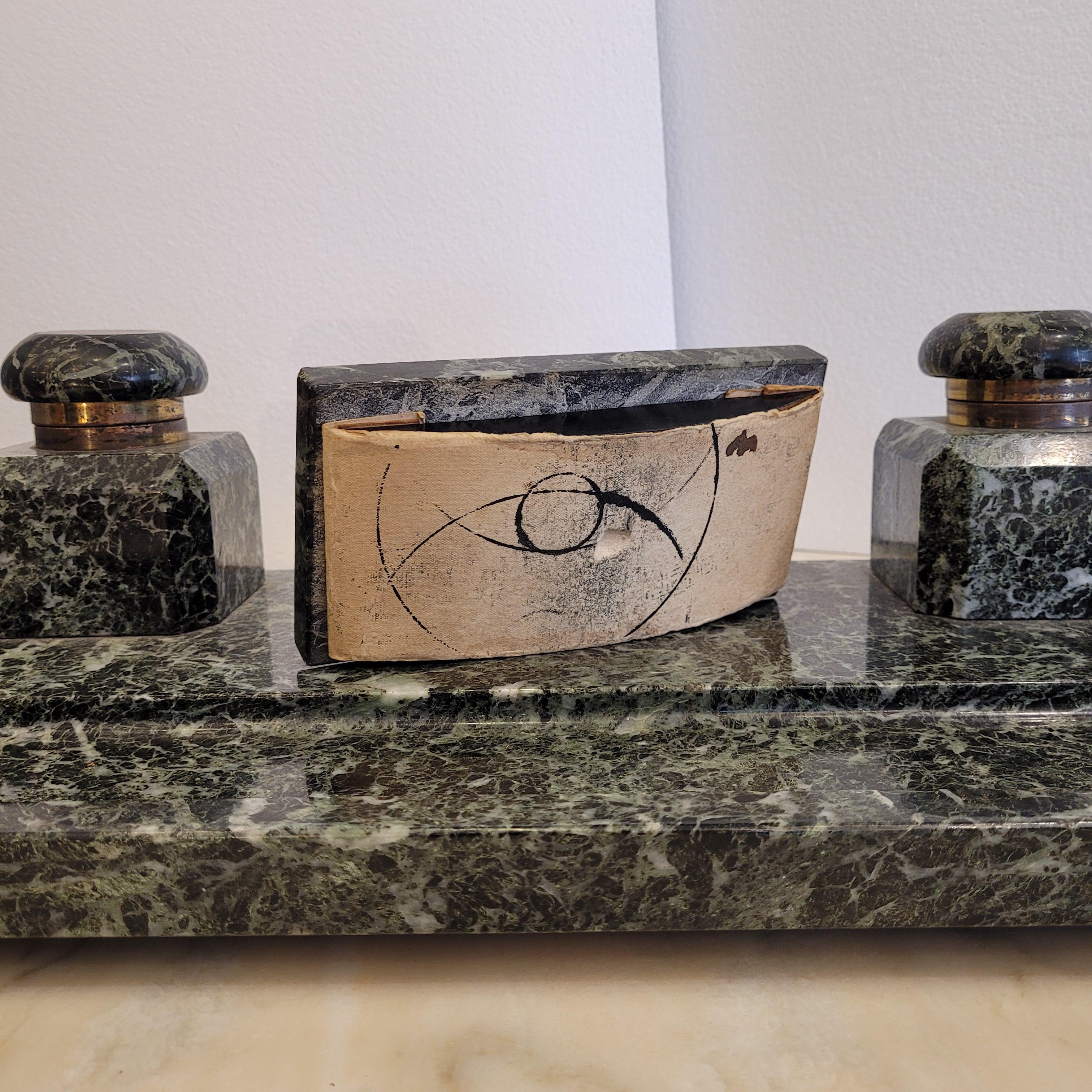 French Napoleon Green  Marble Office Inkwell With Feather wipe  Sponge Holder For Sale 4