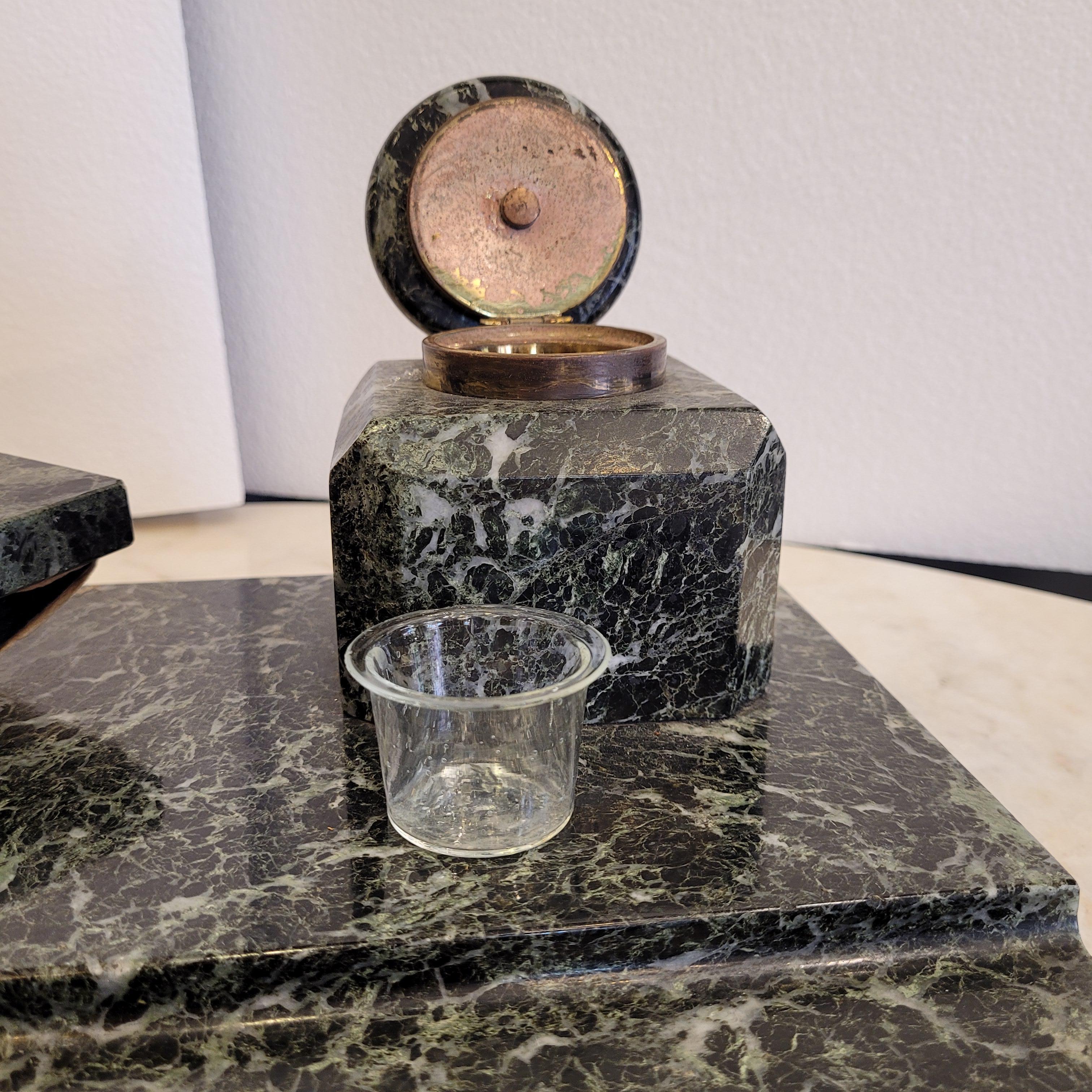 French Napoleon Green  Marble Office Inkwell With Feather wipe  Sponge Holder For Sale 6
