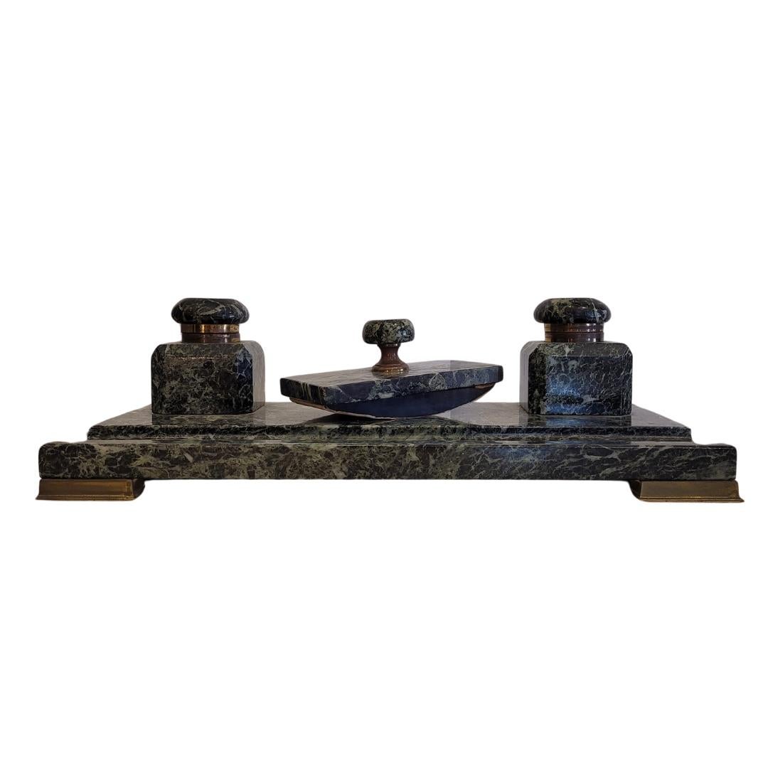 French Napoleon Green  Marble Office Inkwell With Feather wipe  Sponge Holder For Sale 9