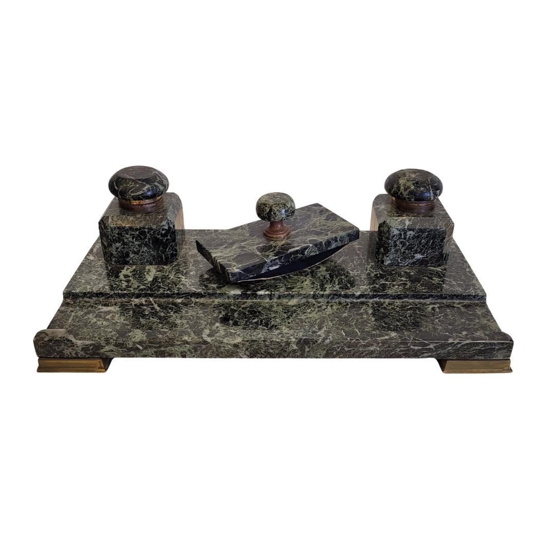French Napoleon Green  Marble Office Inkwell With Feather wipe  Sponge Holder For Sale 11