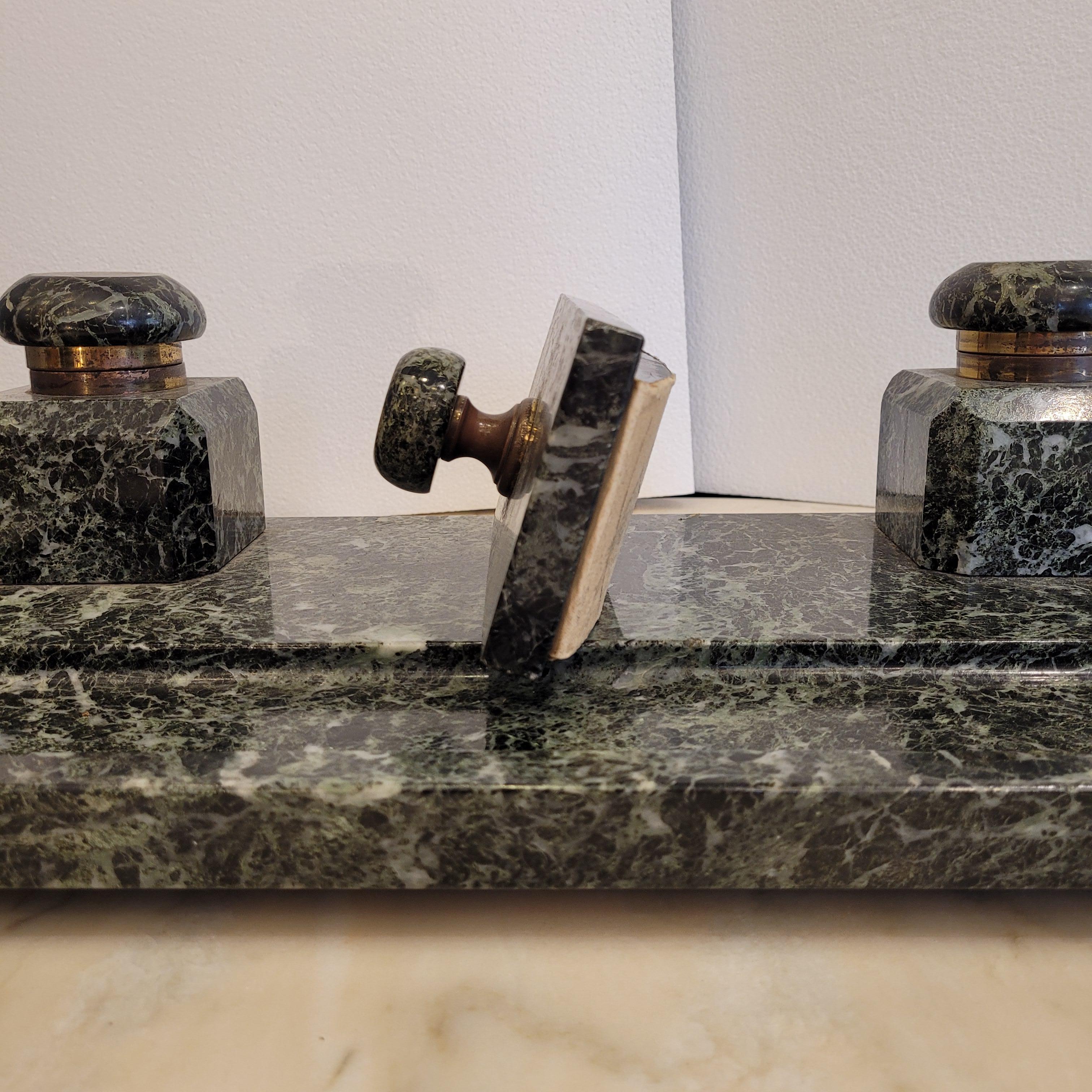 French Napoleon Green  Marble Office Inkwell With Feather wipe  Sponge Holder For Sale 12