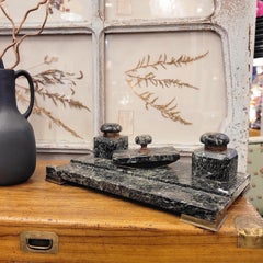 French Napoleon Green  Marble Office Inkwell With Feather wipe  Sponge Holder