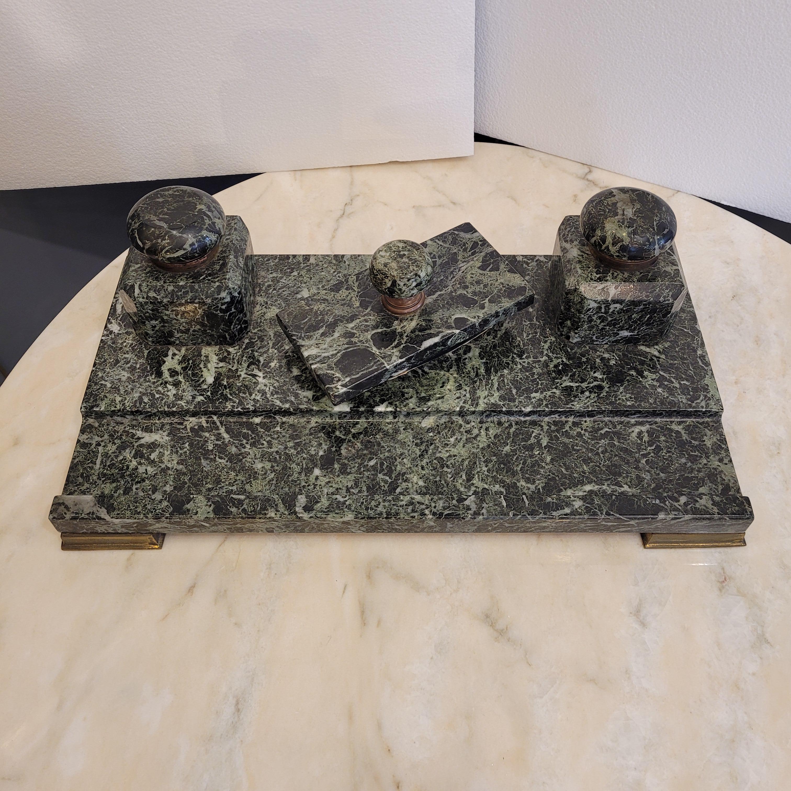 Napoleon III French Napoleon Green  Marble Office Inkwell With Feather wipe  Sponge Holder For Sale
