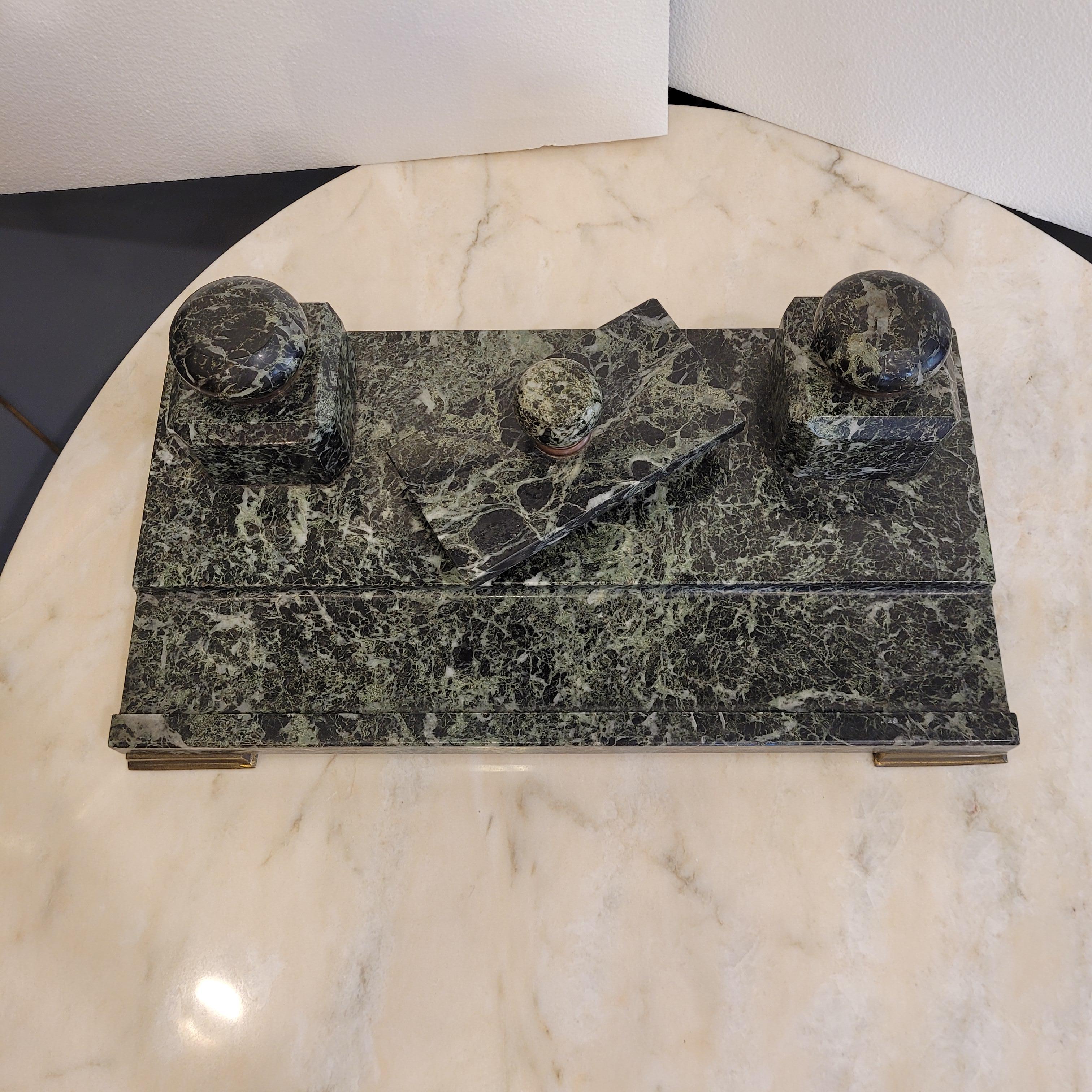 Hand-Crafted French Napoleon Green  Marble Office Inkwell With Feather wipe  Sponge Holder For Sale