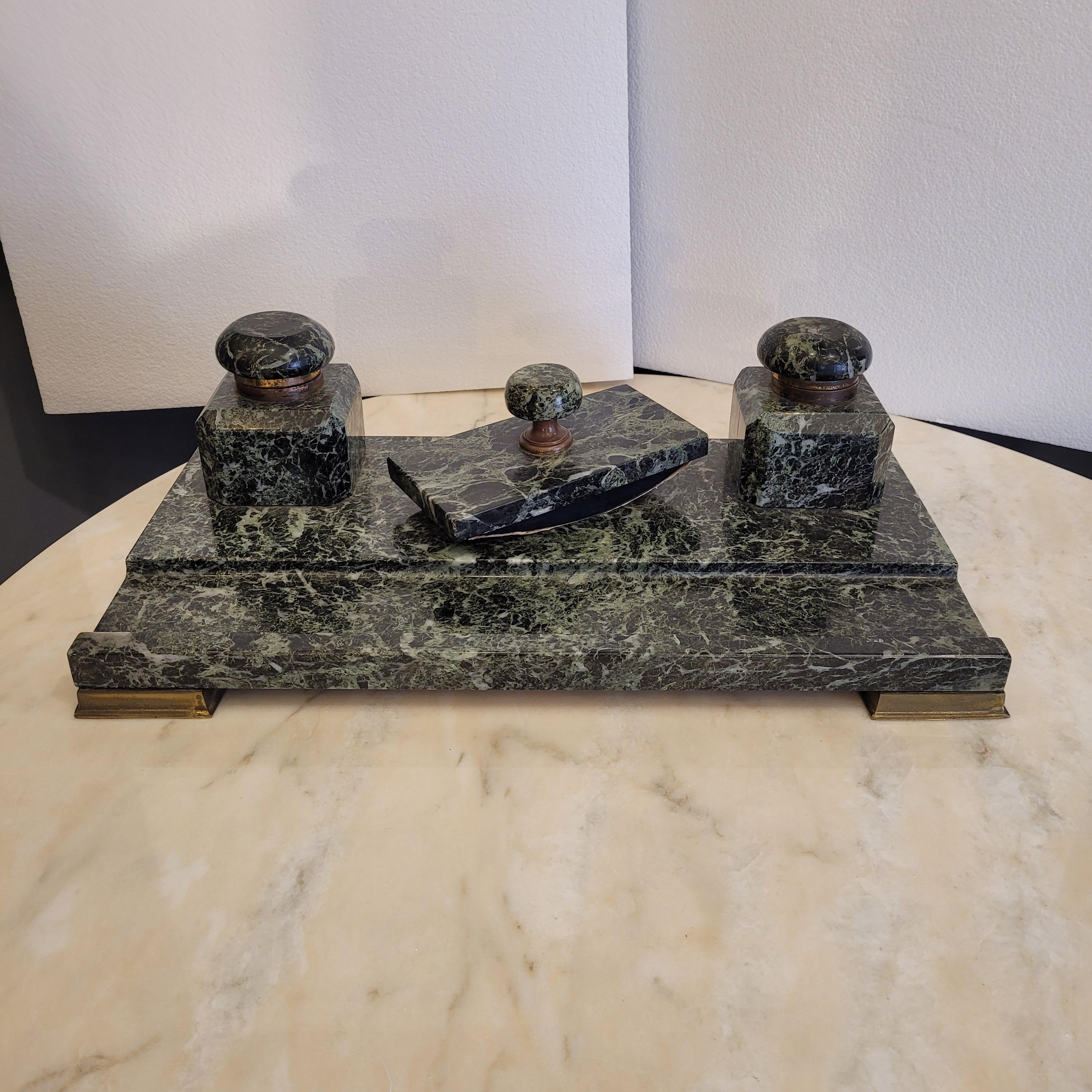 Late 19th Century French Napoleon Green  Marble Office Inkwell With Feather wipe  Sponge Holder For Sale