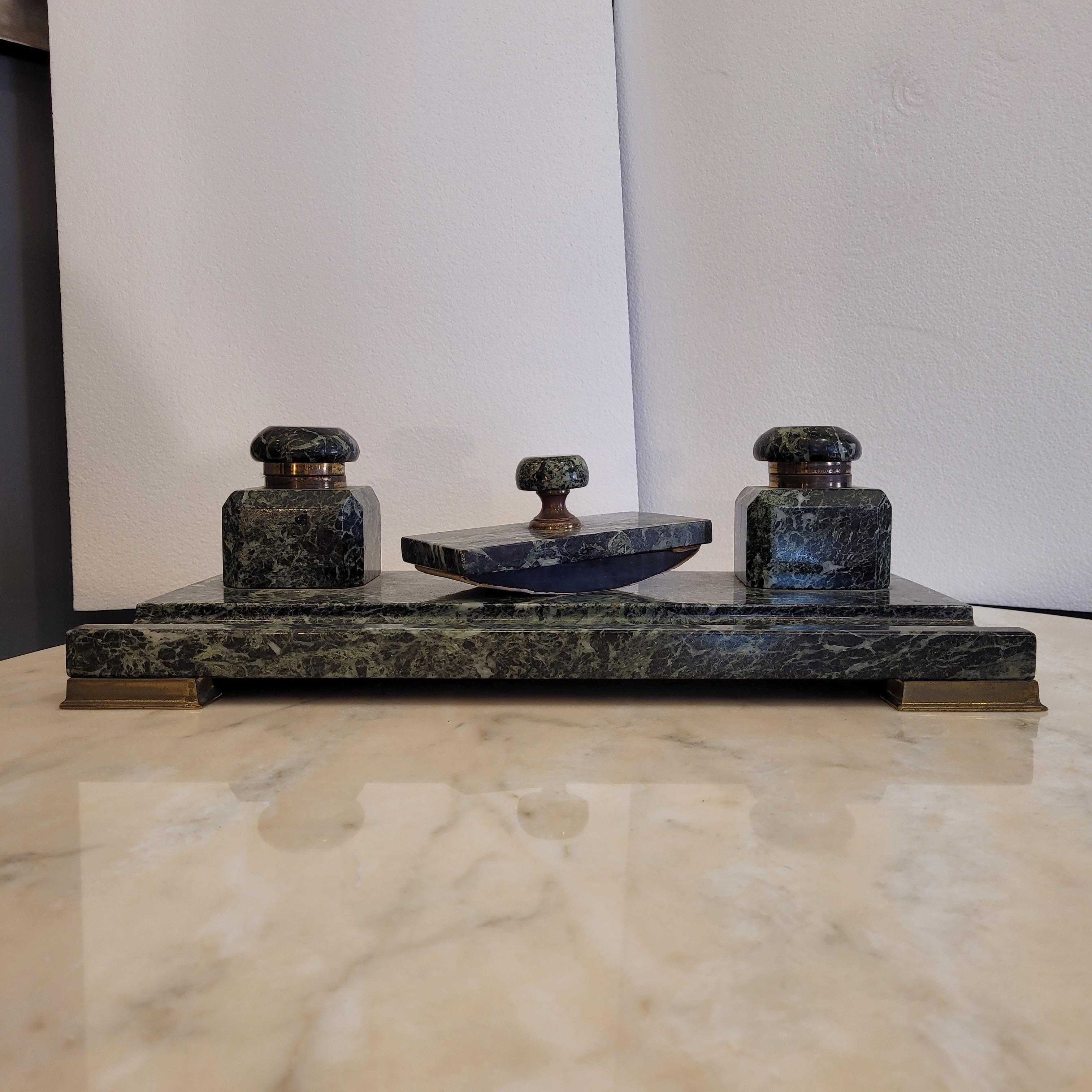 Ormolu French Napoleon Green  Marble Office Inkwell With Feather wipe  Sponge Holder For Sale