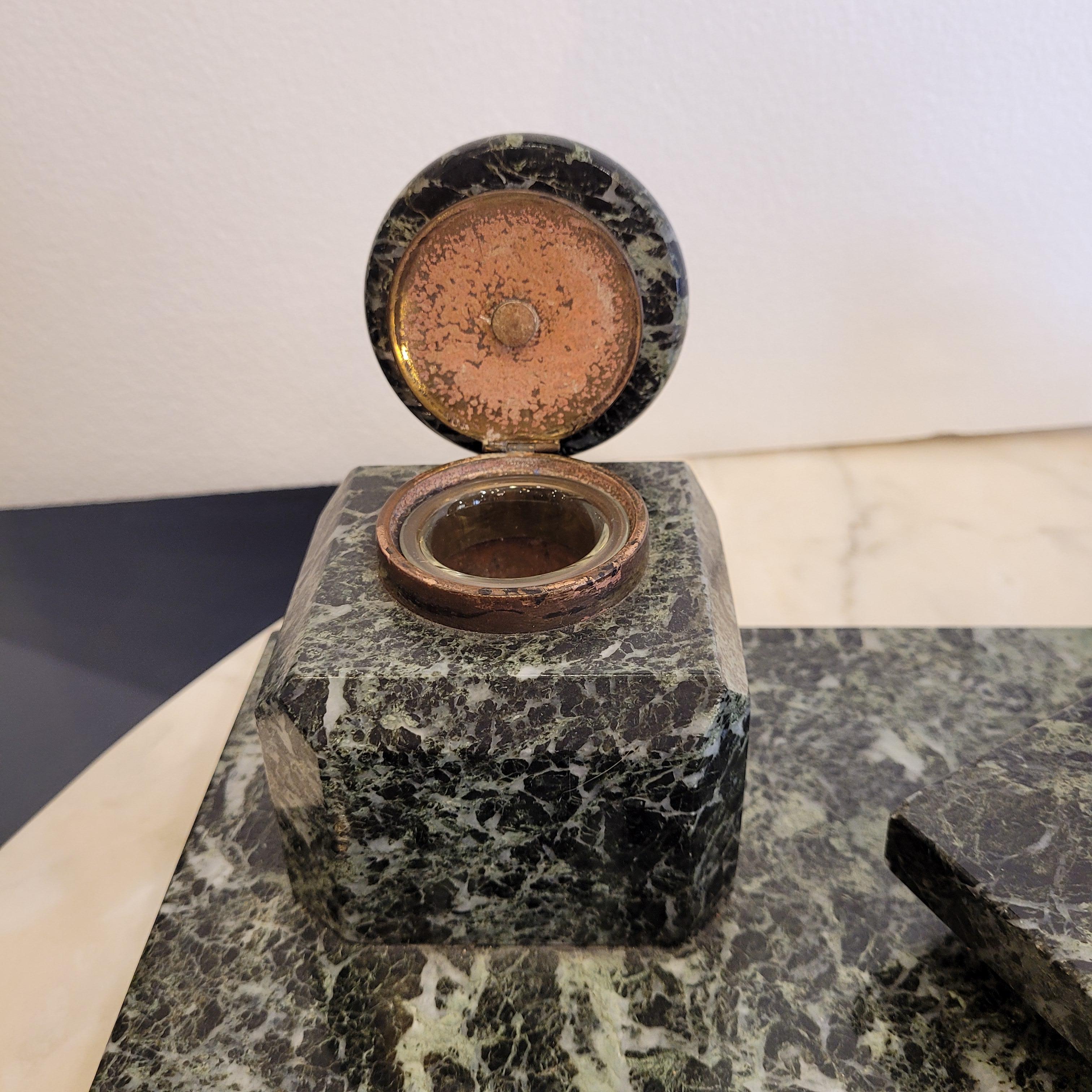 French Napoleon Green  Marble Office Inkwell With Feather wipe  Sponge Holder For Sale 1