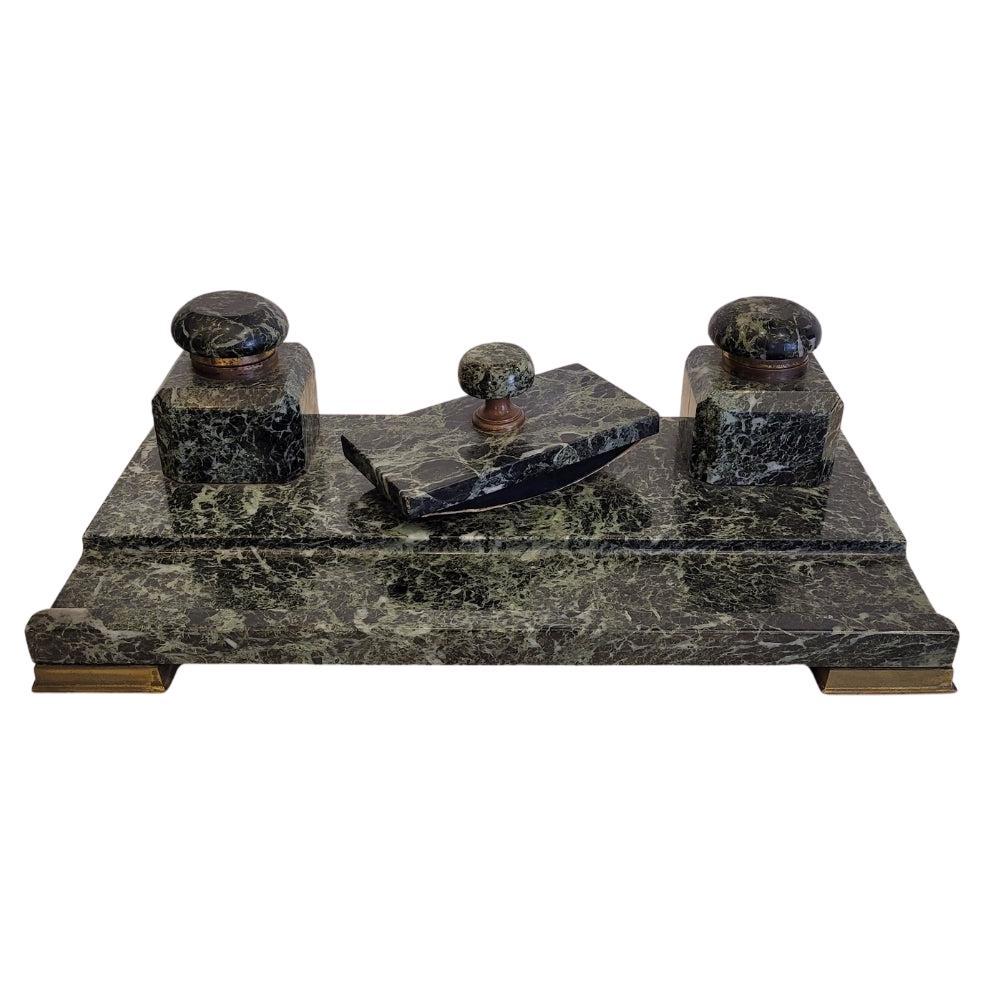 French Napoleon Green  Marble Office Inkwell With Feather wipe  Sponge Holder