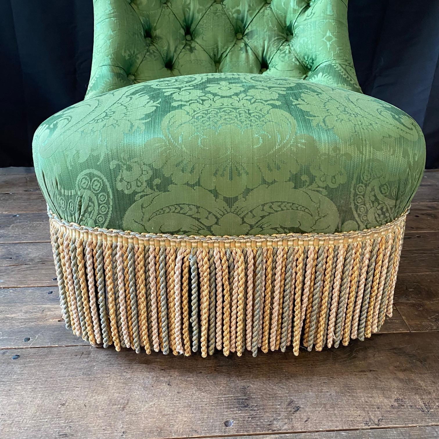 French Napoleon II Green Silk Tufted Slipper Chair 4