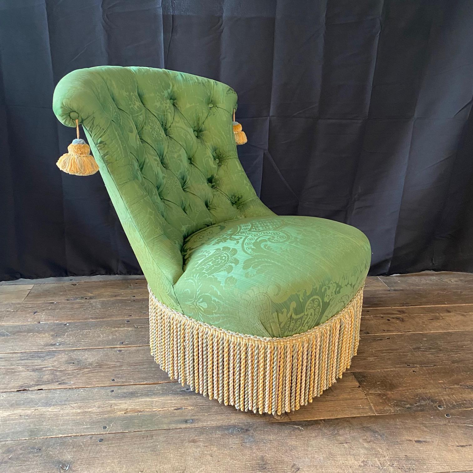 French Napoleon II Green Silk Tufted Slipper Chair 6