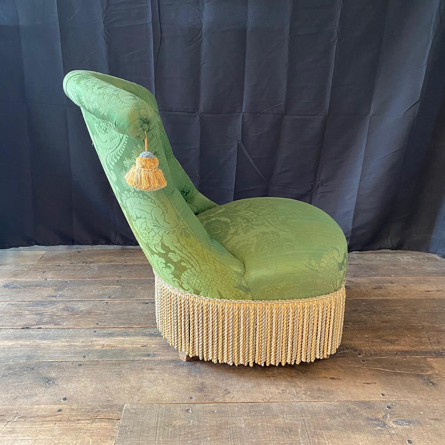 French Napoleon II Green Silk Tufted Slipper Chair 7