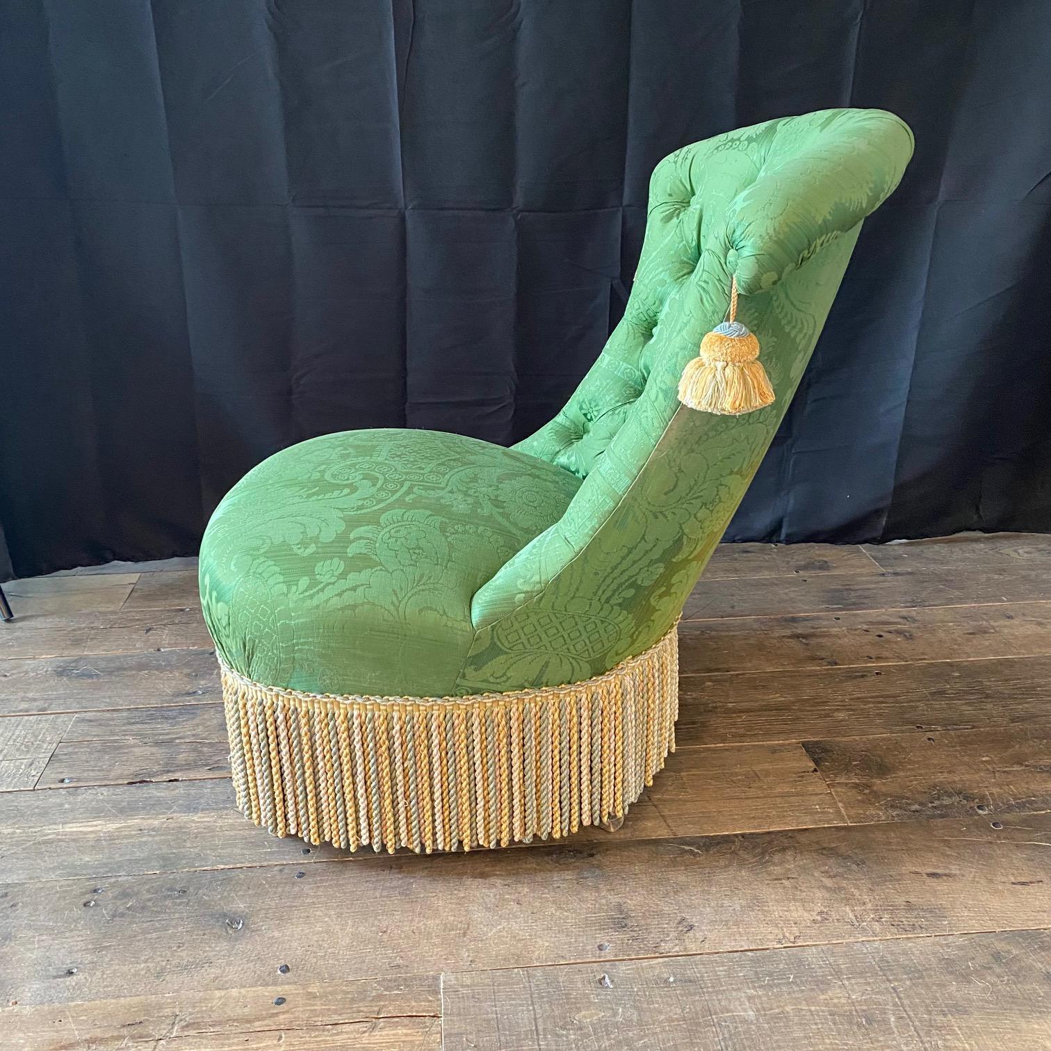 French Napoleon II Green Silk Tufted Slipper Chair 8
