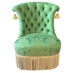 French Napoleon II Green Silk Tufted Slipper Chair