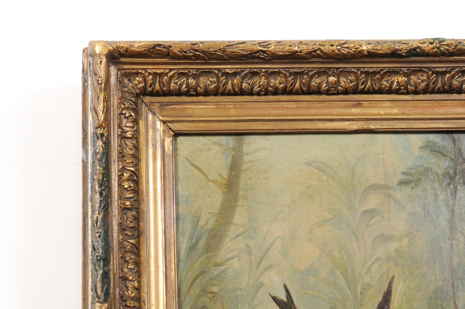 French Napoléon III 1850s Oil on Canvas Framed Painting with Bird and Roses For Sale 6