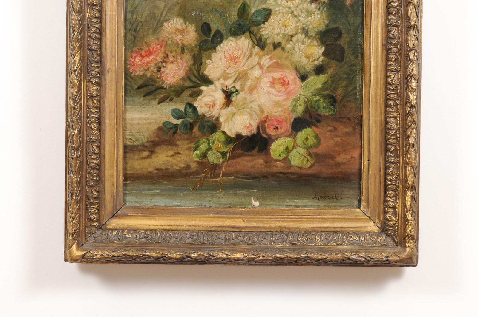 Carved French Napoléon III 1850s Oil on Canvas Framed Painting with Bird and Roses For Sale