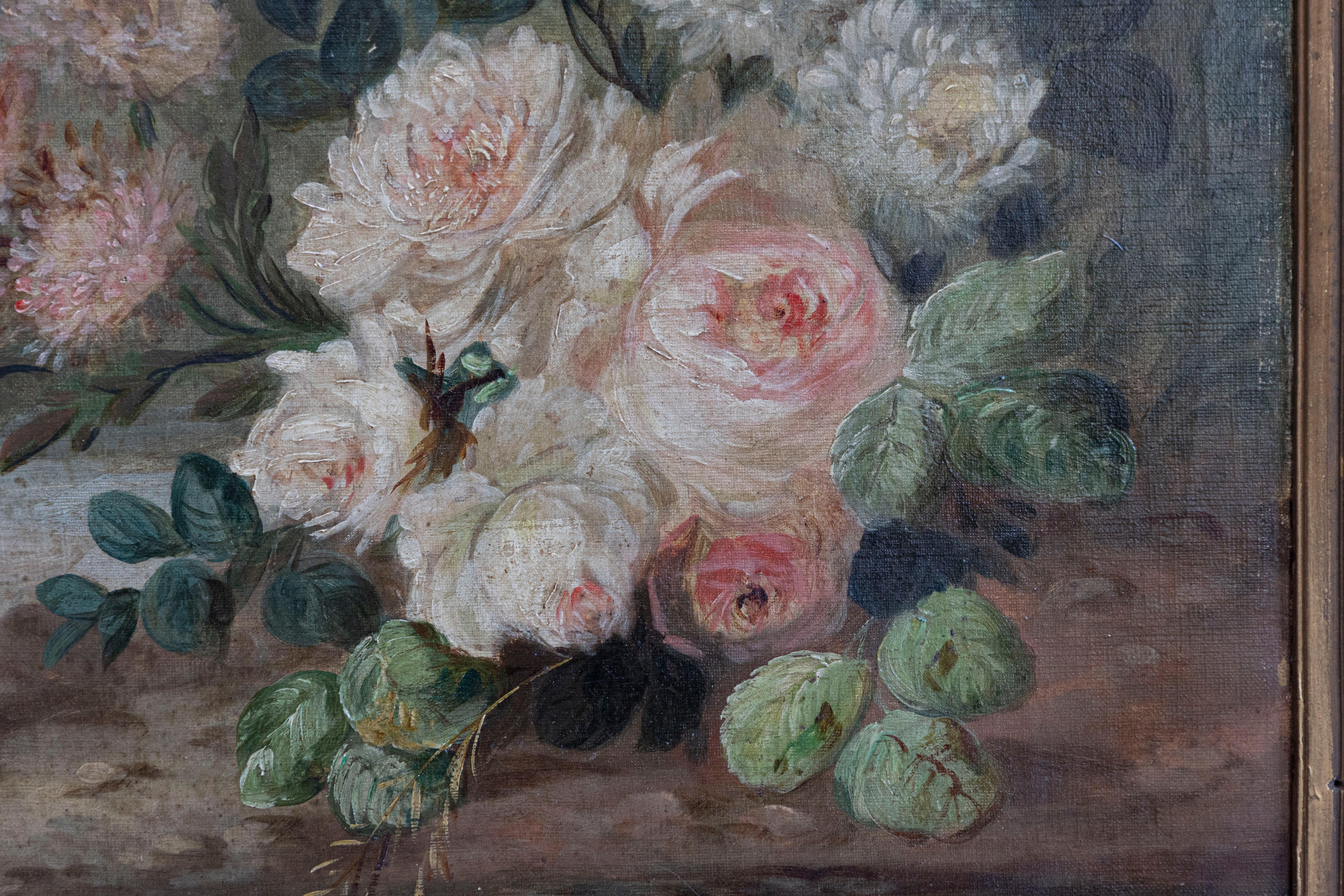Francese Olio su tela francese del 1850 di Napoléon III con uccello e rose incorniciato in vendita