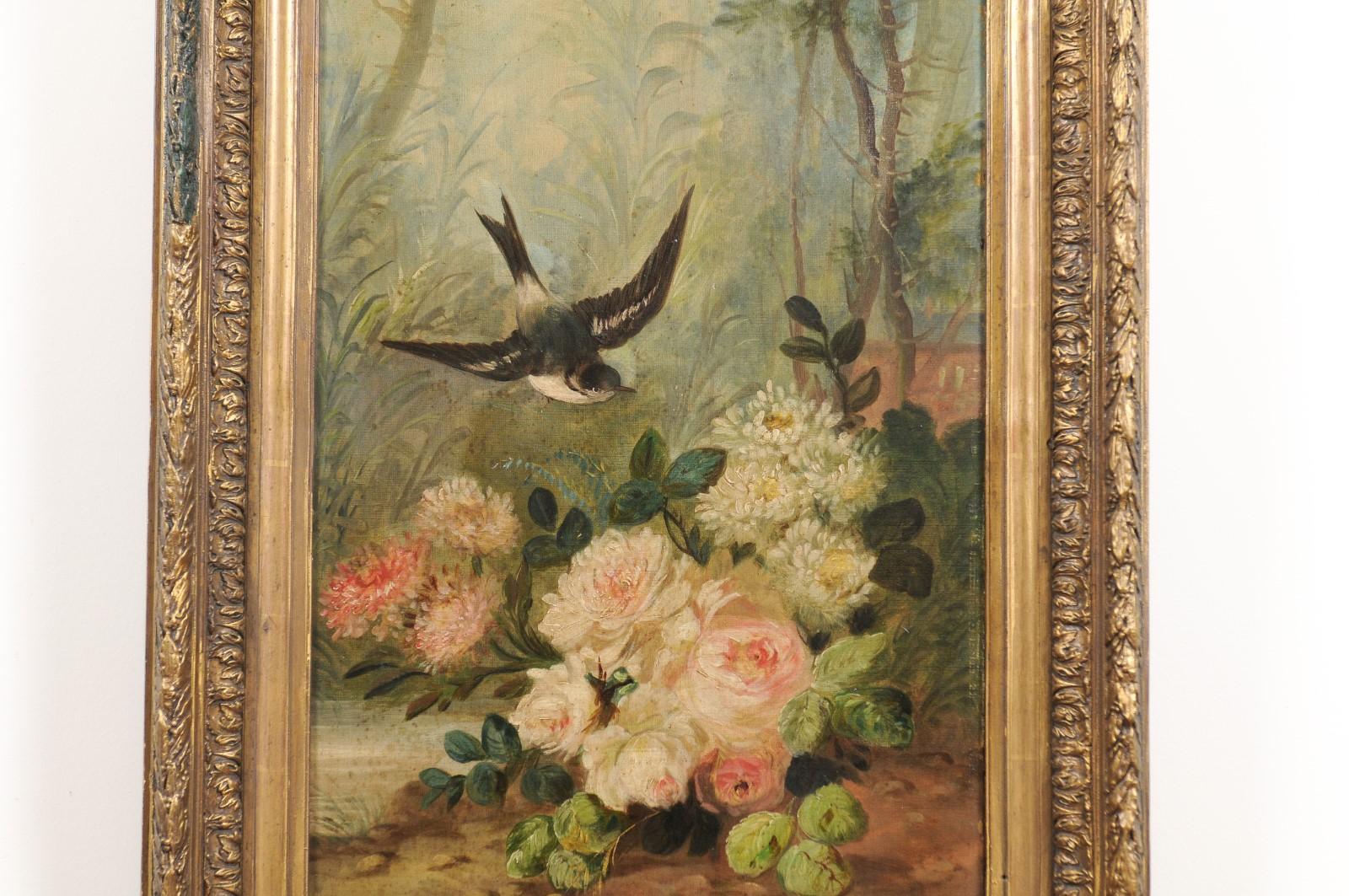 French Napoléon III 1850s Oil on Canvas Framed Painting with Bird and Roses In Good Condition For Sale In Atlanta, GA