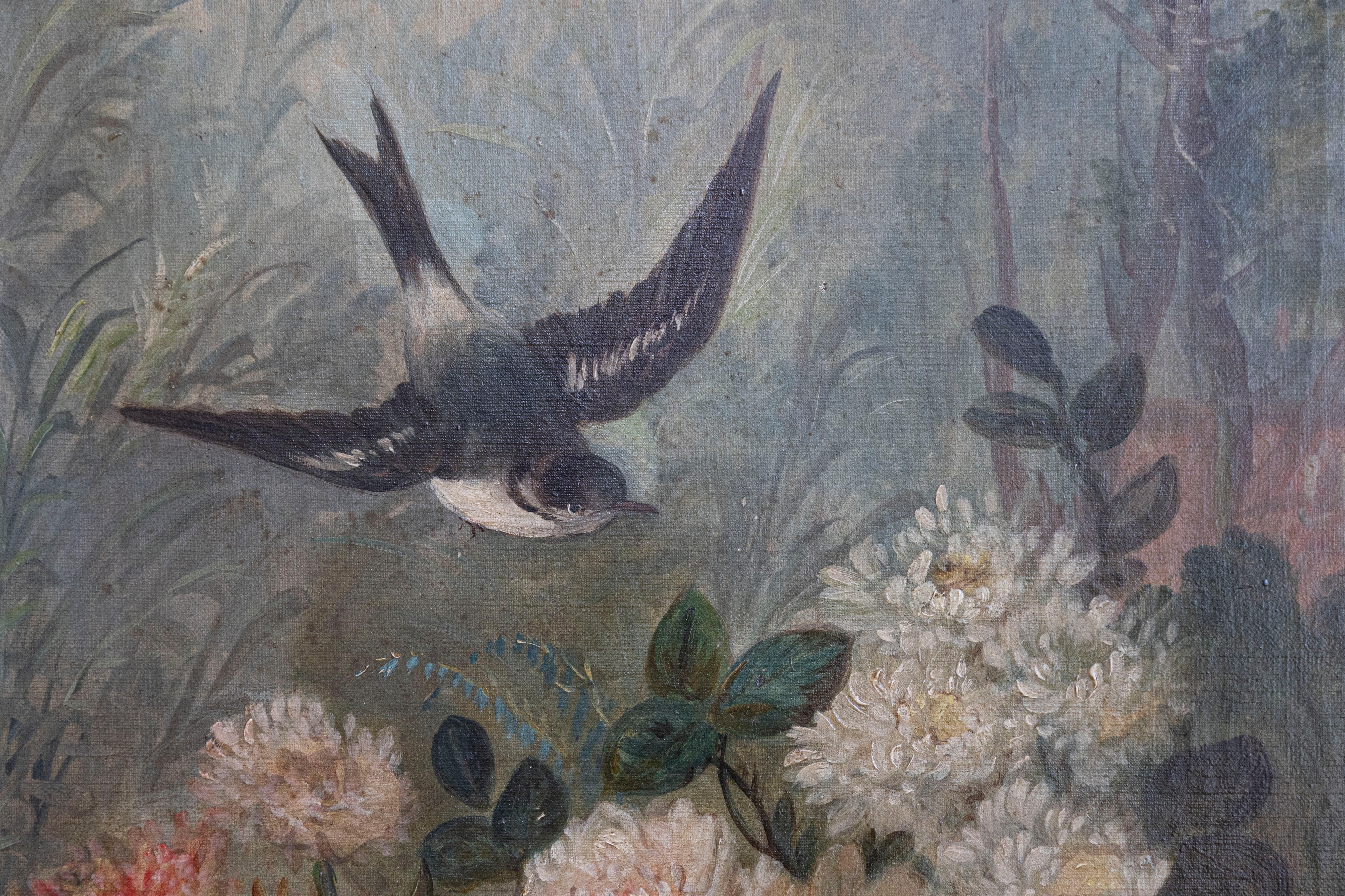 Intagliato Olio su tela francese del 1850 di Napoléon III con uccello e rose incorniciato in vendita