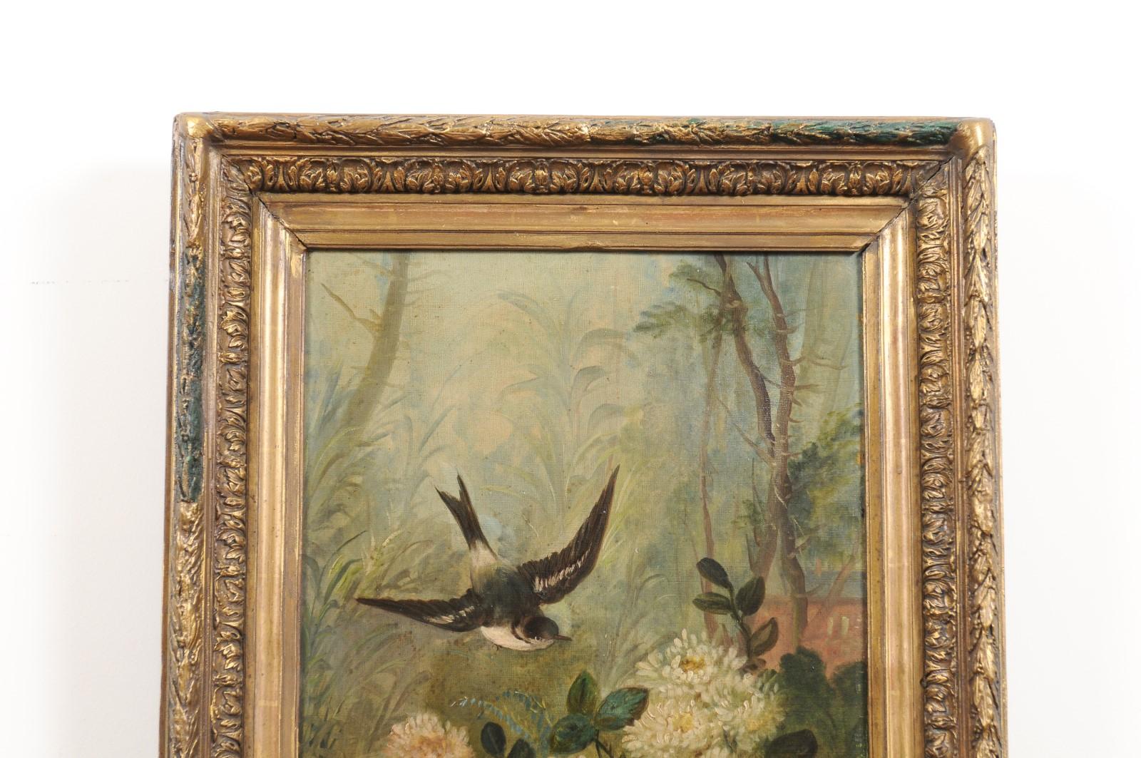 19th Century French Napoléon III 1850s Oil on Canvas Framed Painting with Bird and Roses For Sale
