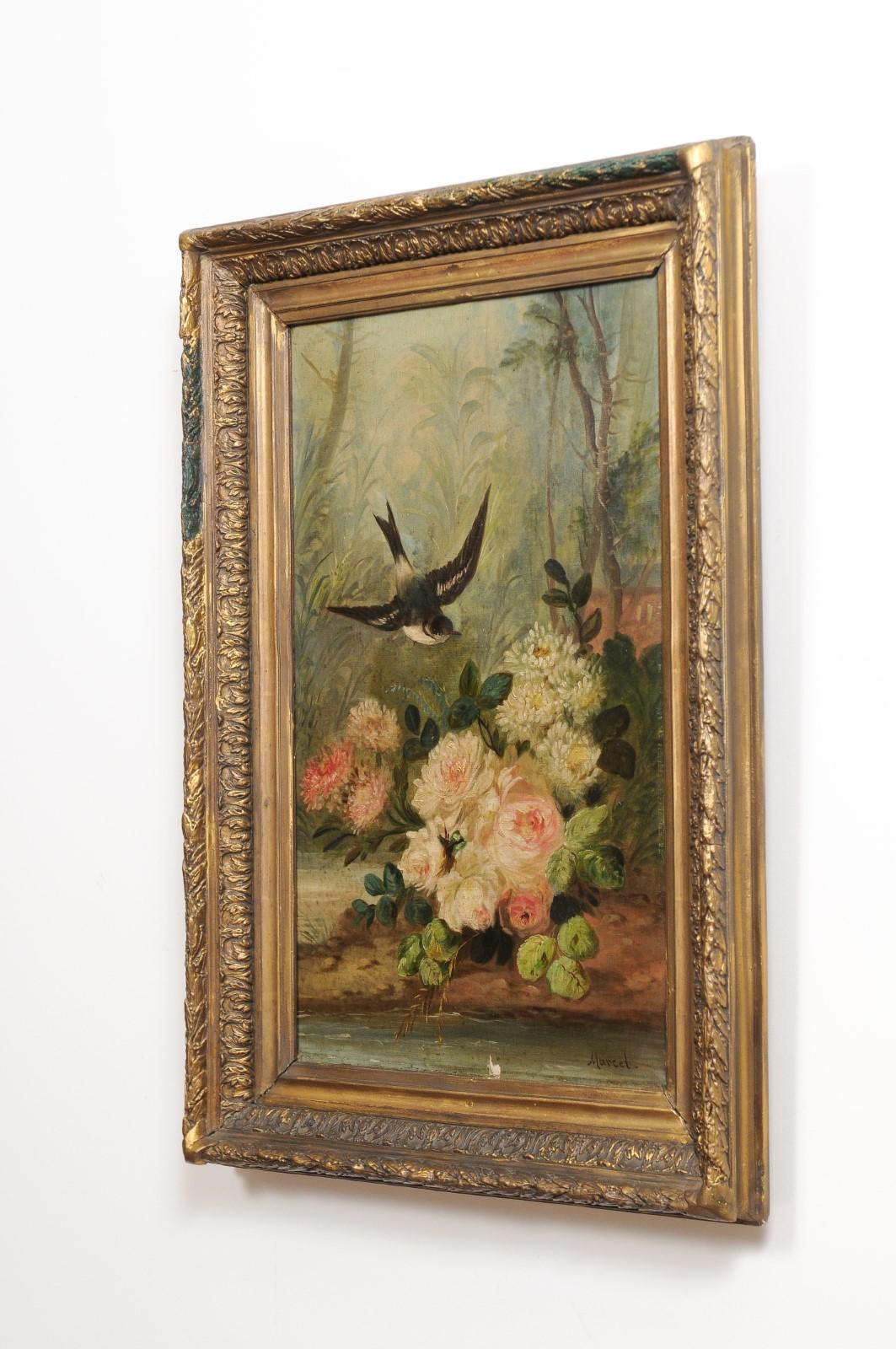 French Napoléon III 1850s Oil on Canvas Framed Painting with Bird and Roses For Sale 1