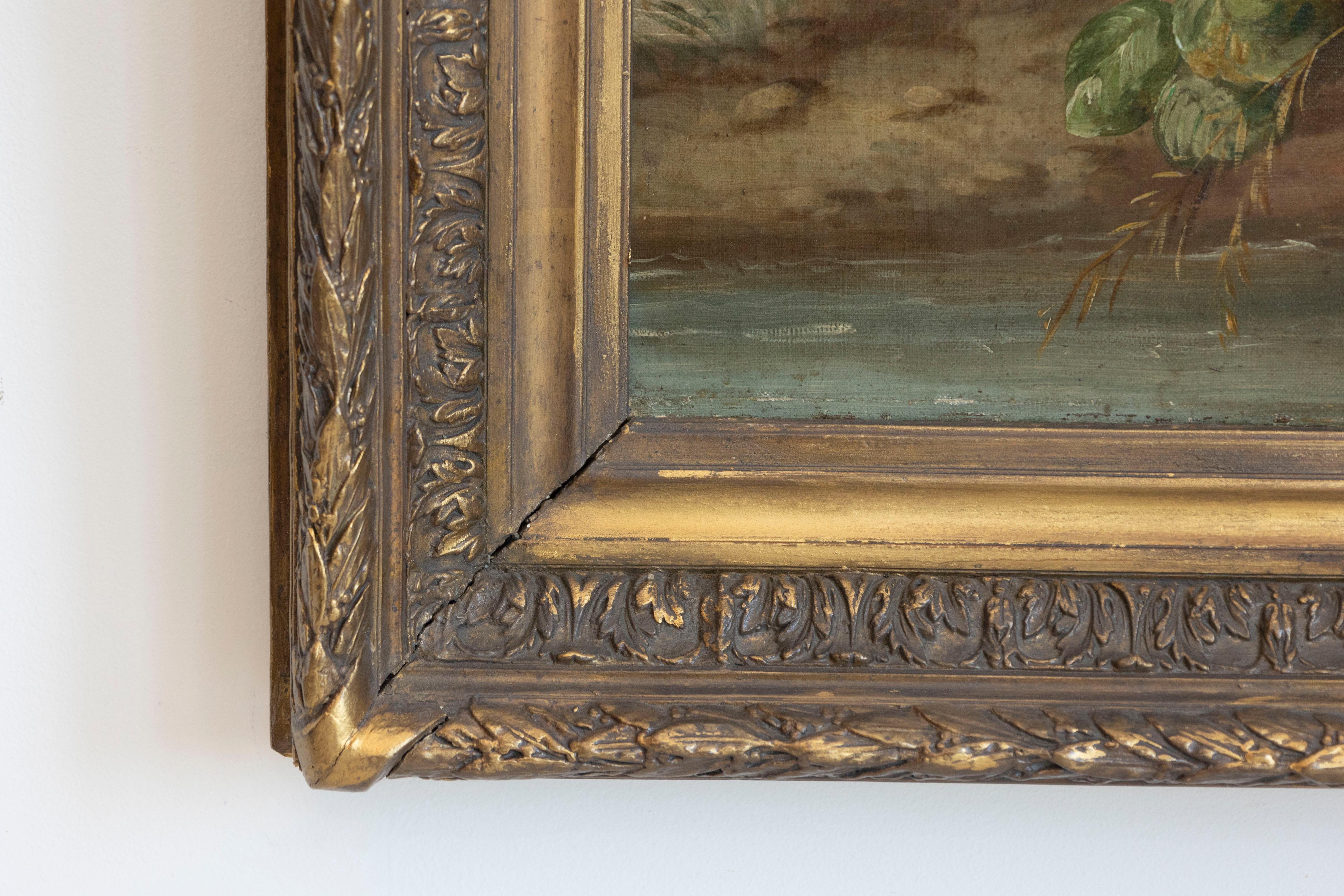 XIX secolo Olio su tela francese del 1850 di Napoléon III con uccello e rose incorniciato in vendita