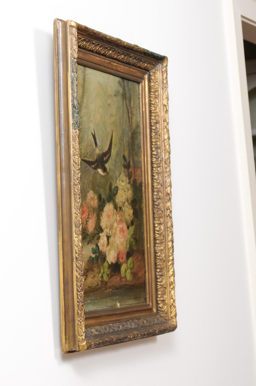 Französisch Napoléon III 1850s Öl auf Leinwand gerahmt Gemälde mit Vogel und Rosen im Angebot 2