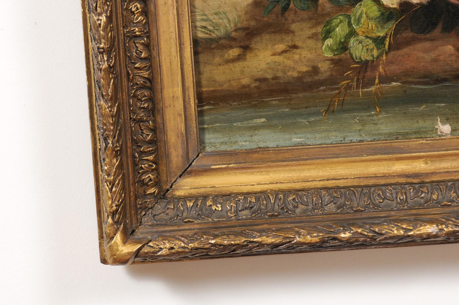 Huile sur toile des années 1850 de Napoléon III, peinture encadrée avec oiseau et roses en vente 2