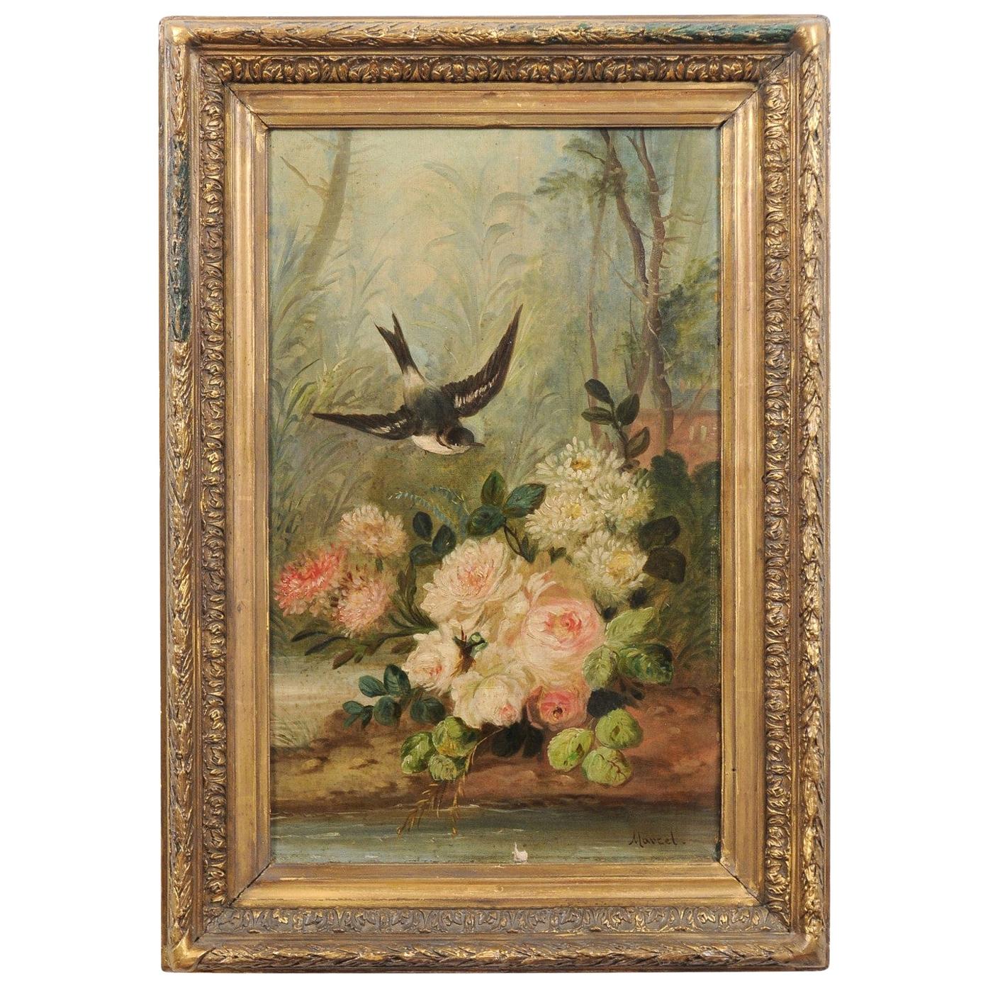 French Napoléon III 1850s Oil on Canvas Framed Painting with Bird and Roses For Sale