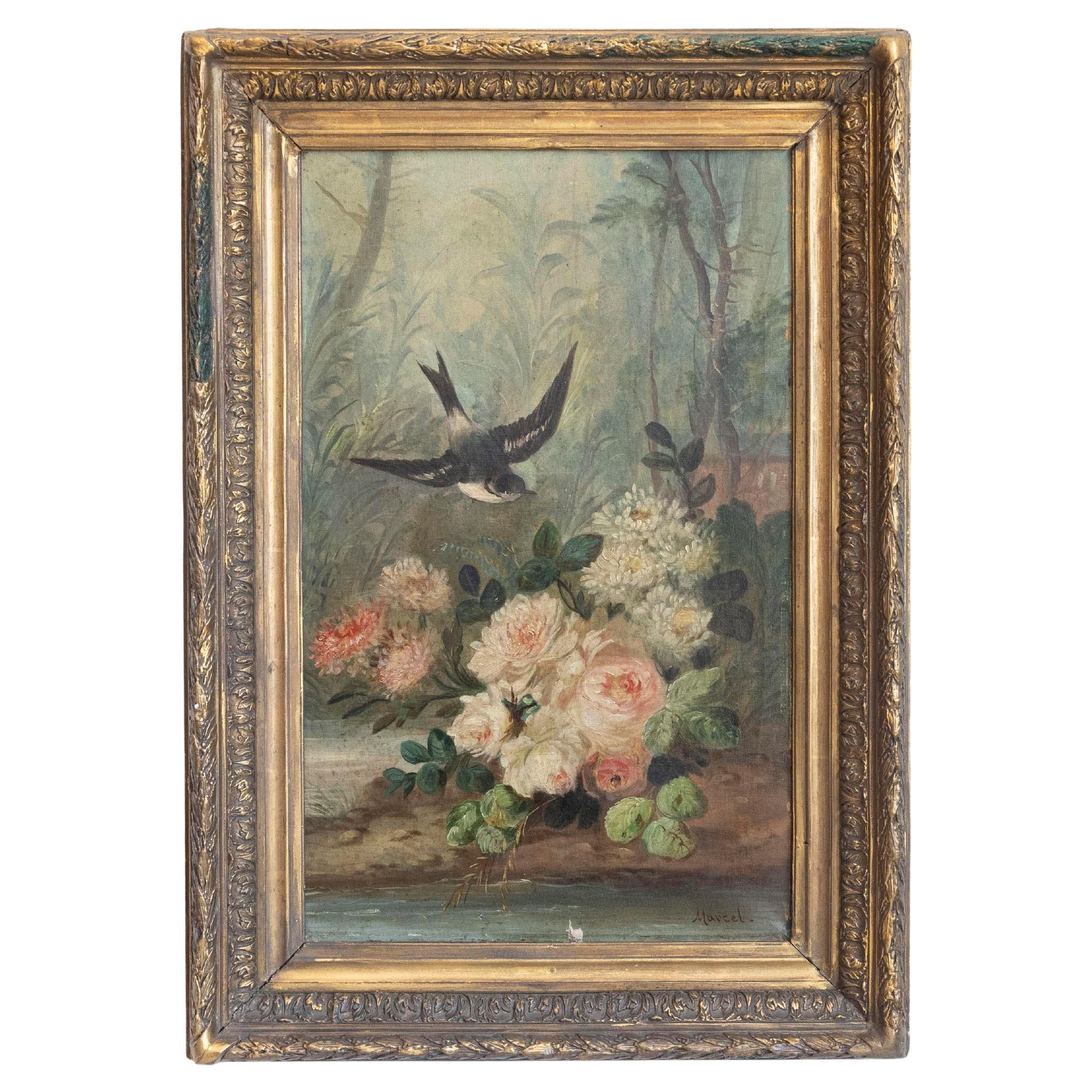 French Napoléon III 1850s Oil on Canvas Framed Painting with Bird and Roses