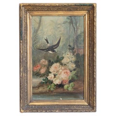 French Napoléon III 1850s Oil on Canvas Framed Painting with Bird and Roses