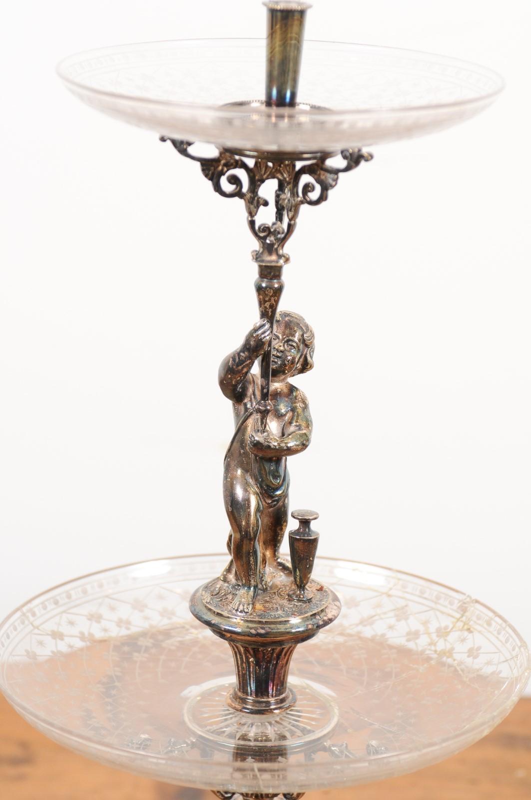 French Napoléon III 1850s Silver Epergne with Putto and Mythical Creatures In Good Condition In Atlanta, GA