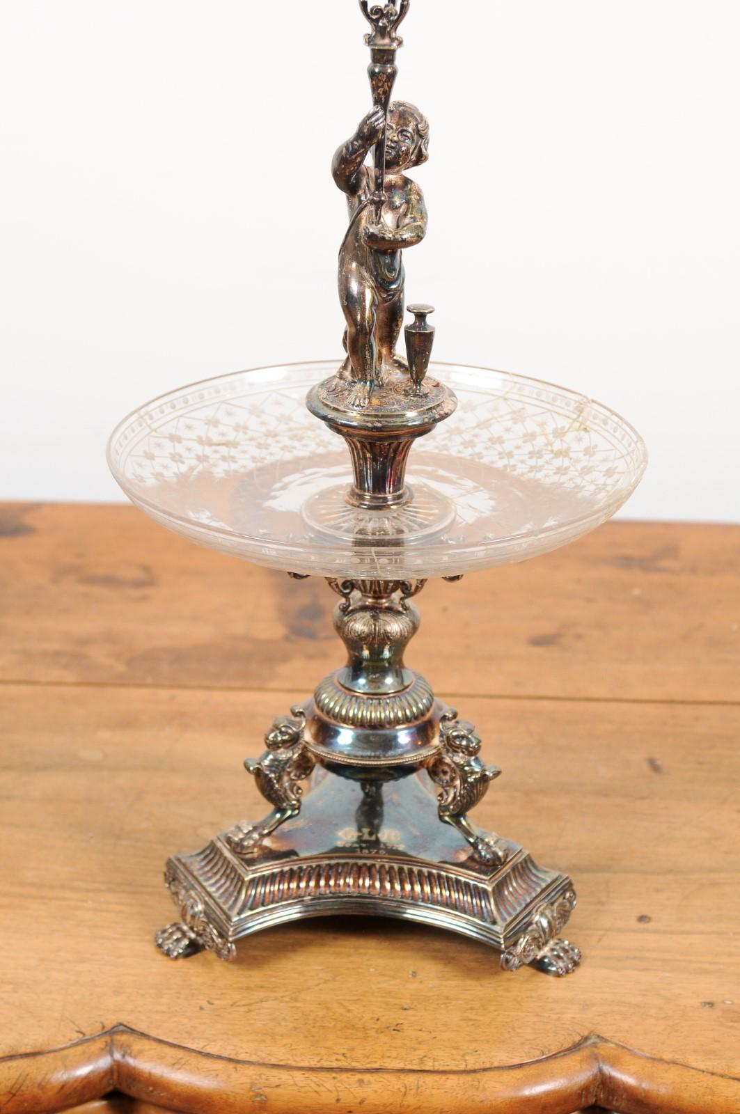 19th Century French Napoléon III 1850s Silver Epergne with Putto and Mythical Creatures
