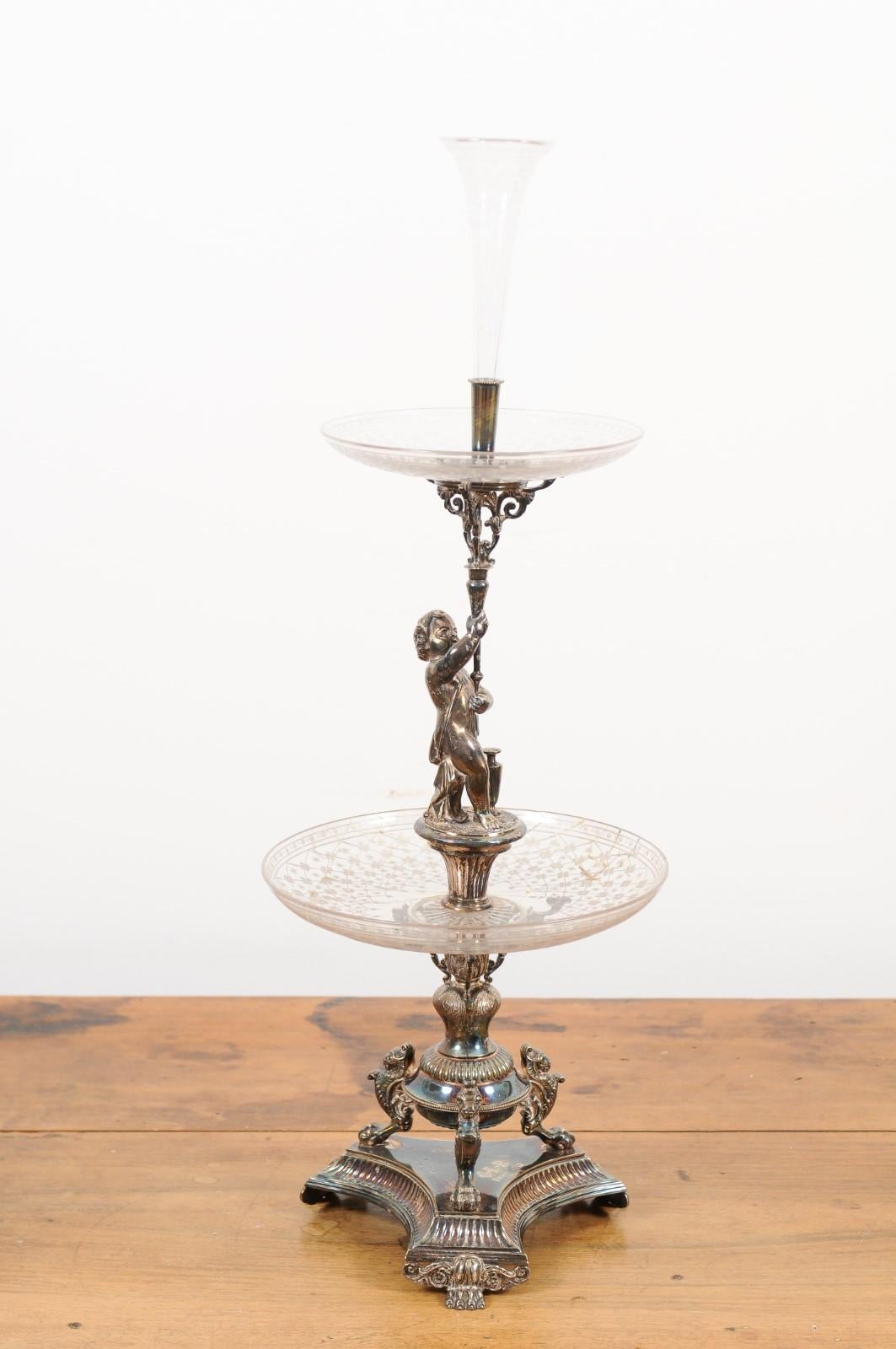 French Napoléon III 1850s Silver Epergne with Putto and Mythical Creatures 2