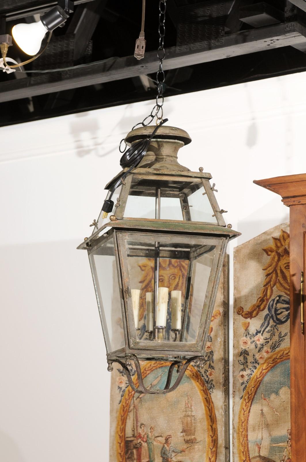 Glass French Napoléon III 1850s Tôle Four-Light Lantern with Original Painted Finish