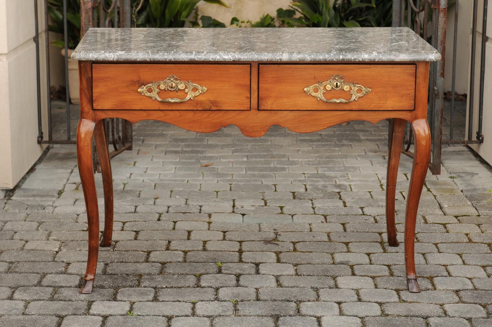 French Napoleon III 1850s Walnut Console Table with Marble Top and Two Drawers 10