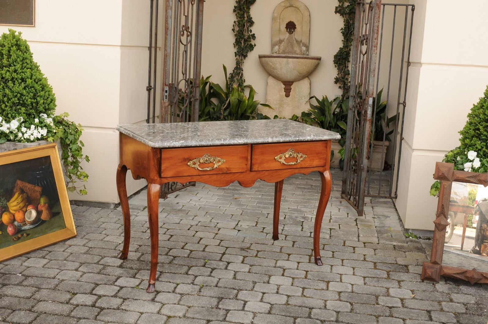 French Napoleon III 1850s Walnut Console Table with Marble Top and Two Drawers In Good Condition In Atlanta, GA