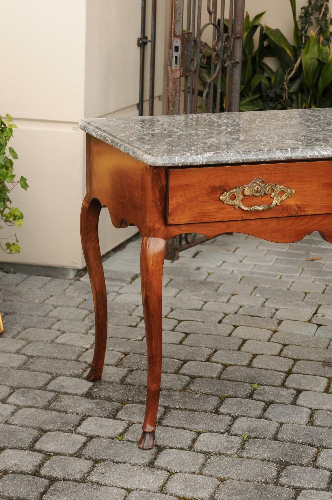 19th Century French Napoleon III 1850s Walnut Console Table with Marble Top and Two Drawers