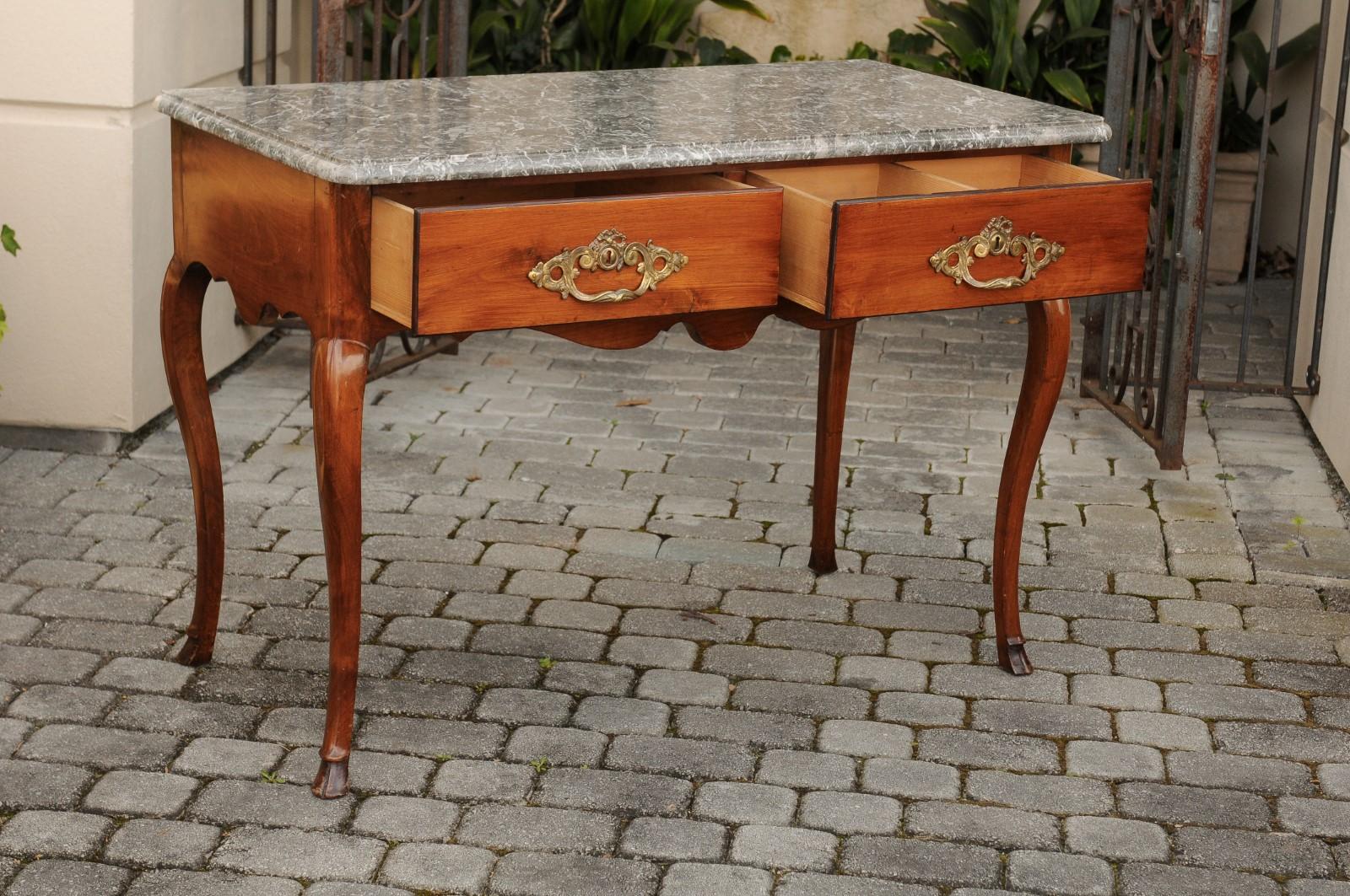 Bronze French Napoleon III 1850s Walnut Console Table with Marble Top and Two Drawers