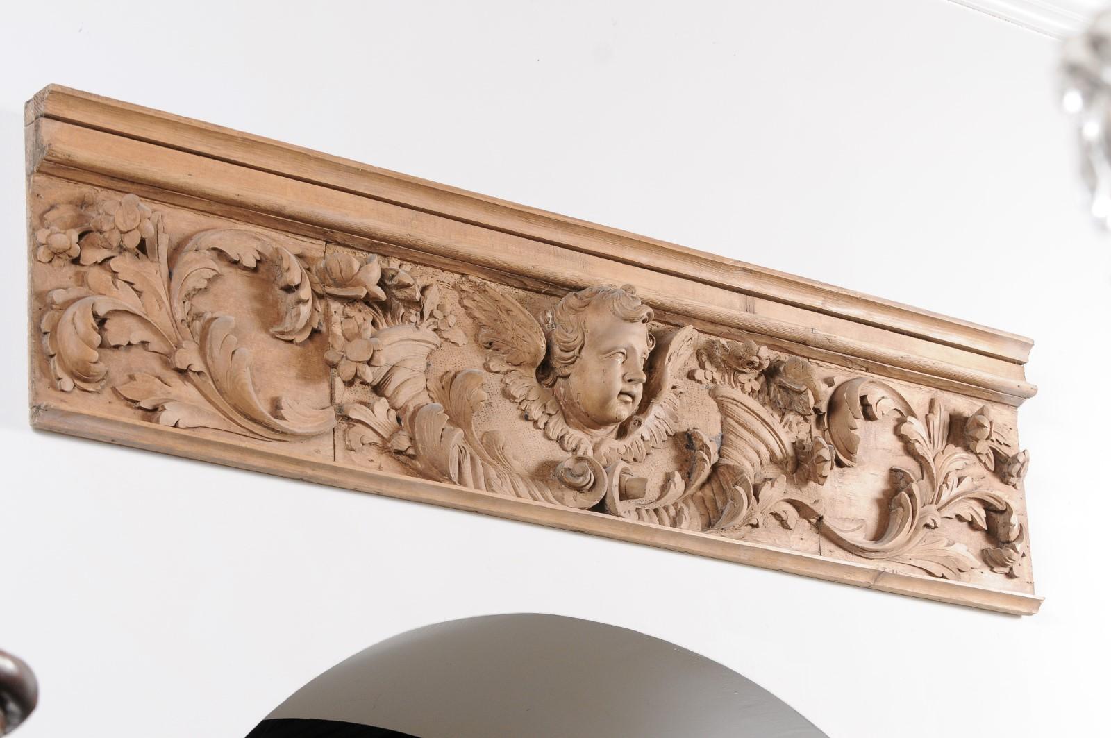 French Napoléon III 1860s Lemon Wood Carved Panel with Angel and Cornucopia 1