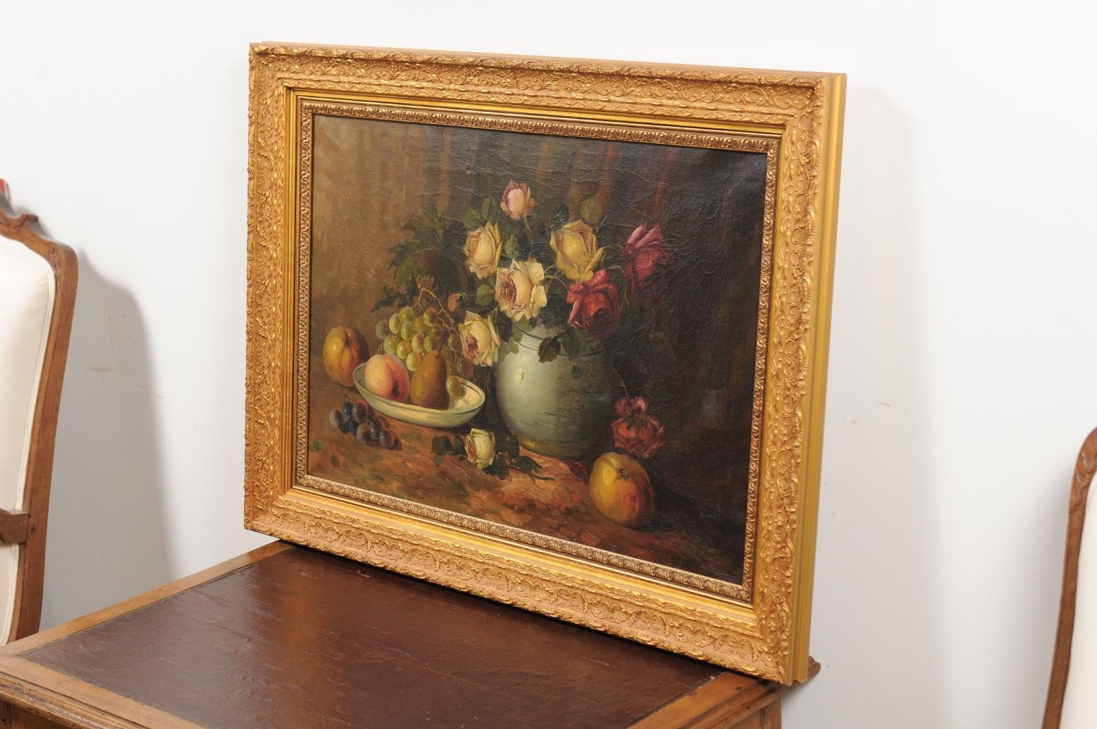 French Napoleon III 1860s Still-Life Oil Painting Depicting Roses and Fruits 5