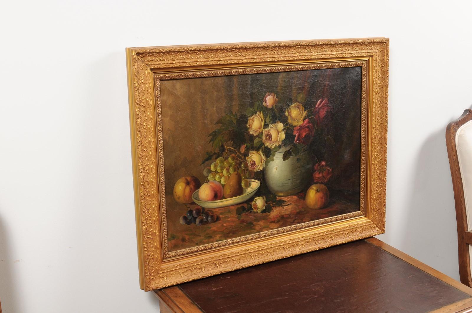 French Napoleon III 1860s Still-Life Oil Painting Depicting Roses and Fruits 6