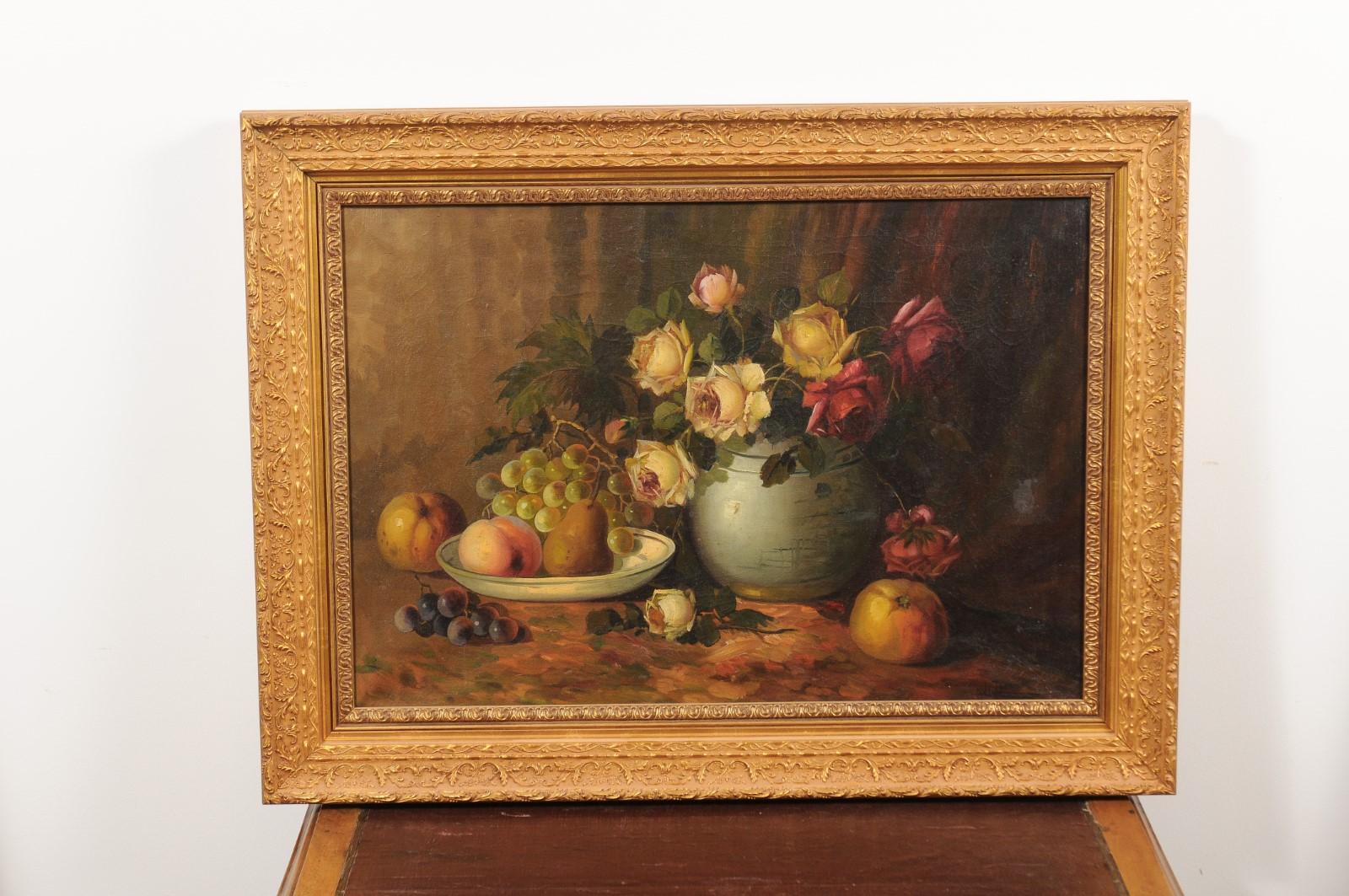 A French Napoleon III period oil on canvas still-life painting from the mid-19th century, depicting fruits and flowers in giltwood frame. Born in France during the reign of Emperor Napoleon III, this oil on canvas painting depicts a delicate