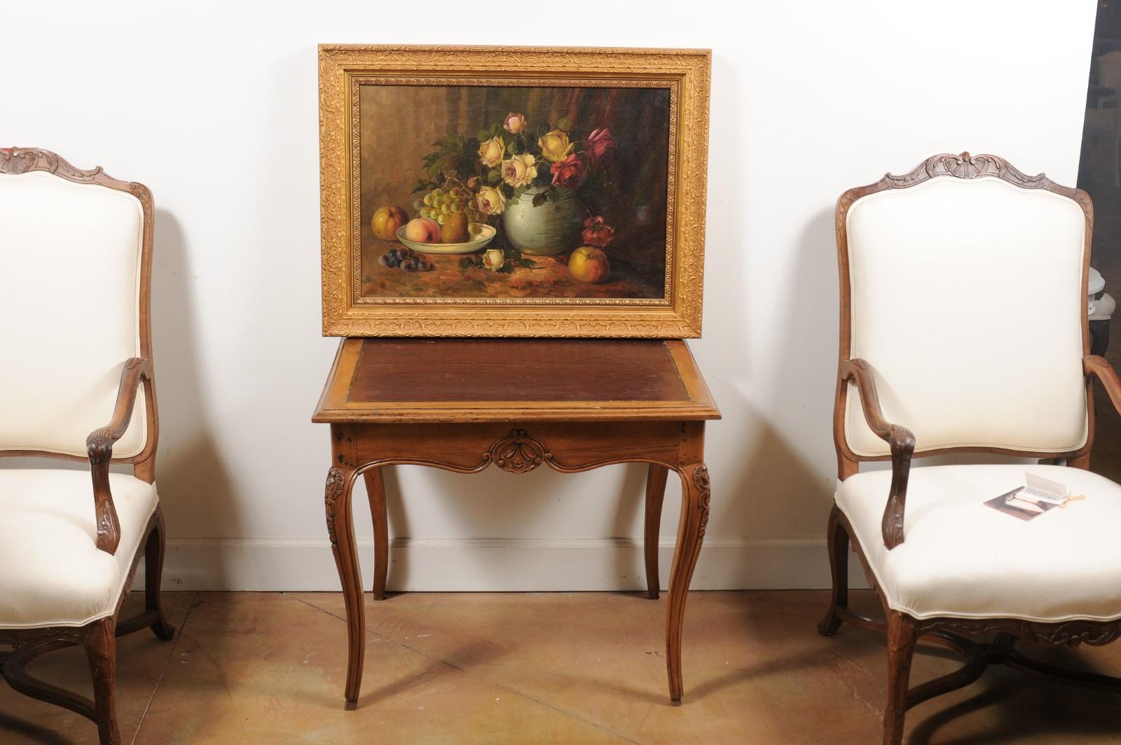 French Napoleon III 1860s Still-Life Oil Painting Depicting Roses and Fruits In Good Condition For Sale In Atlanta, GA