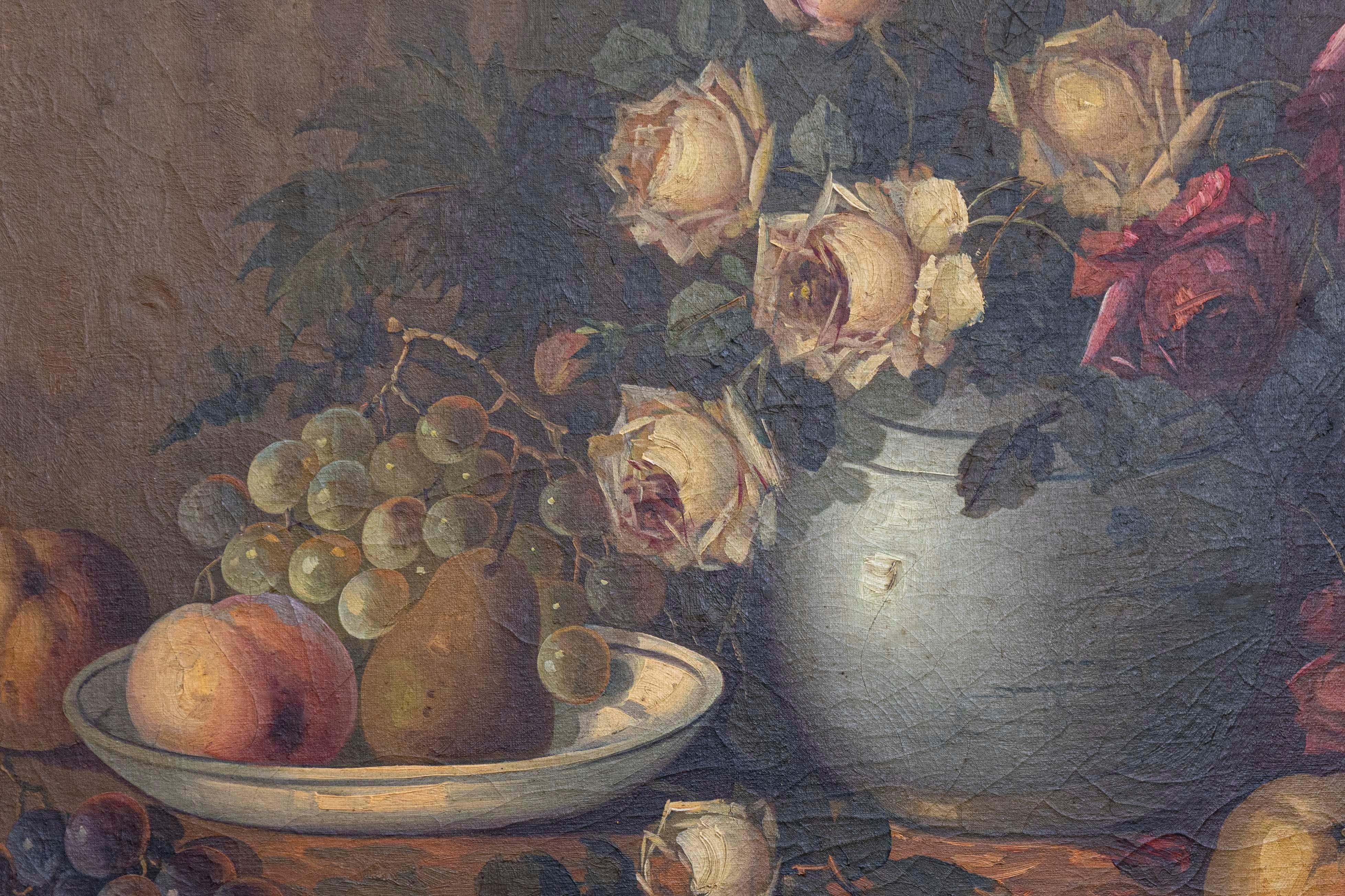 Napoleón III francés Pintura al óleo de naturaleza muerta de 1860 que representa rosas y frutas Francés en venta