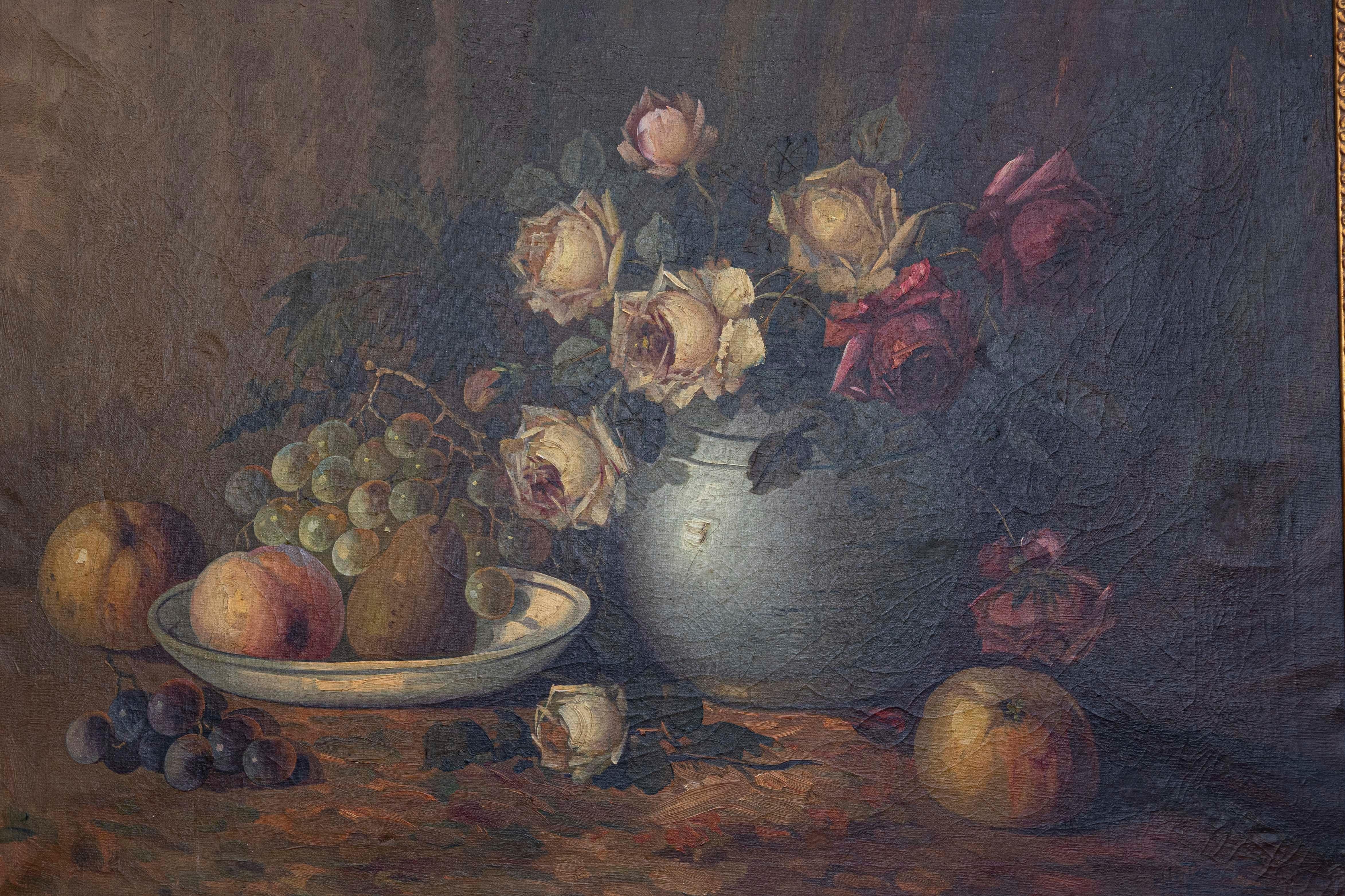 Napoleón III francés Pintura al óleo de naturaleza muerta de 1860 que representa rosas y frutas en Bueno estado para la venta en Atlanta, GA