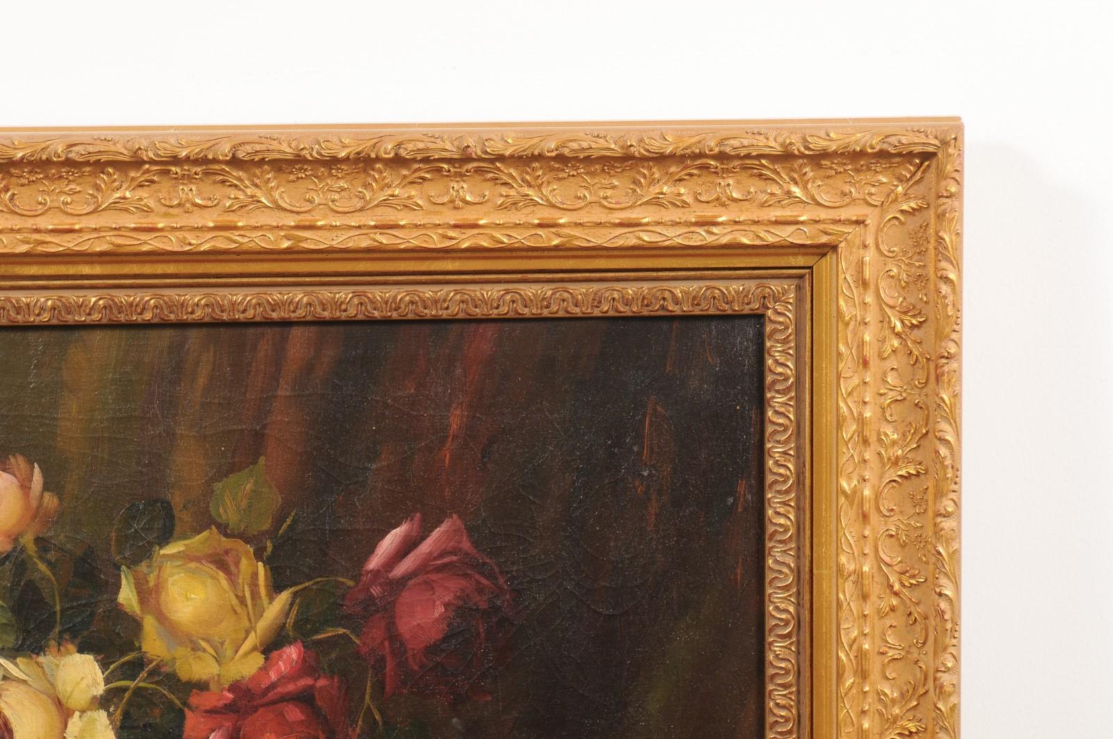 Canvas French Napoleon III 1860s Still-Life Oil Painting Depicting Roses and Fruits